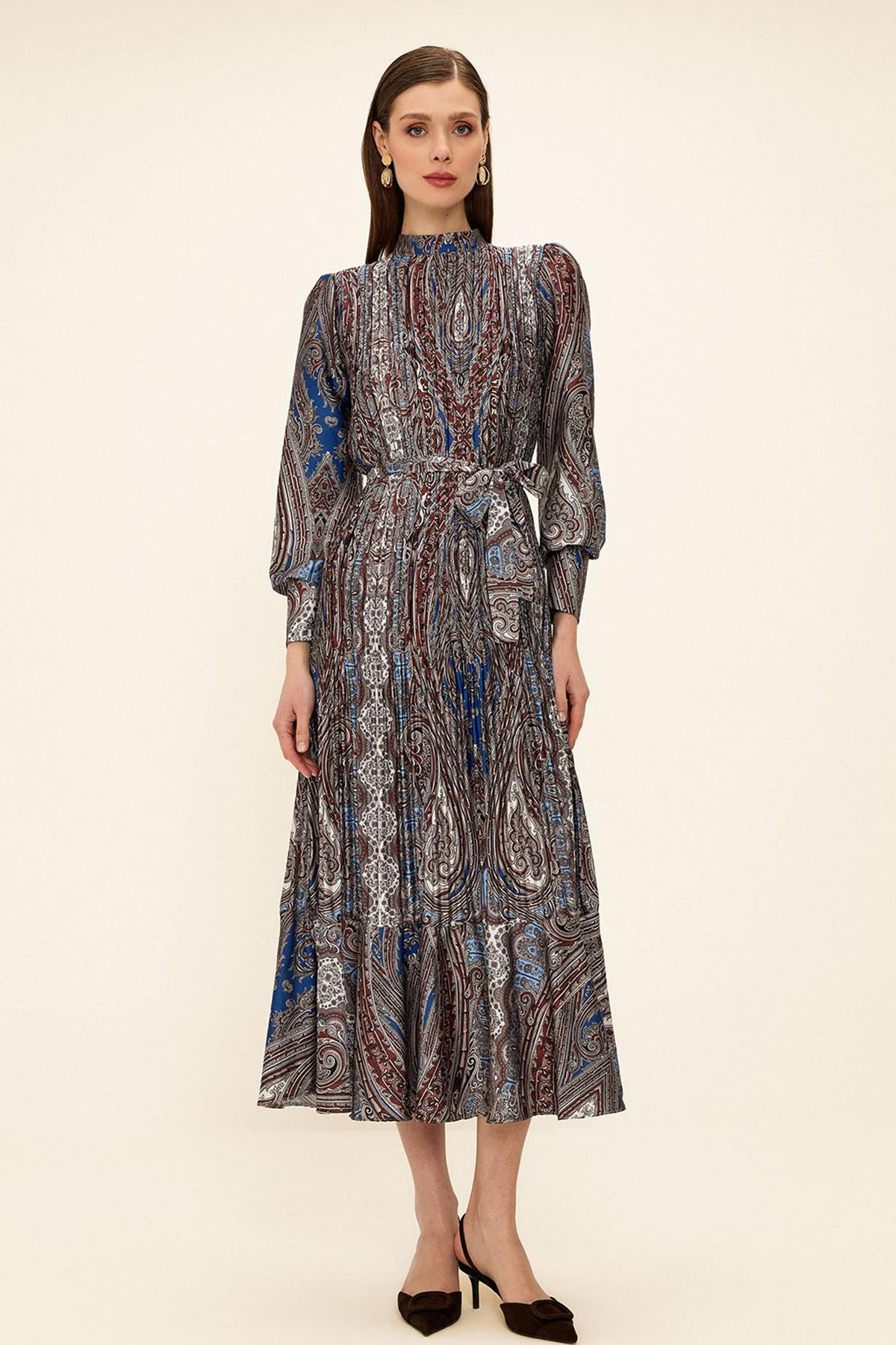 Pleated Shawl Pattern Thin Satin Dress COFFEE 9343-E