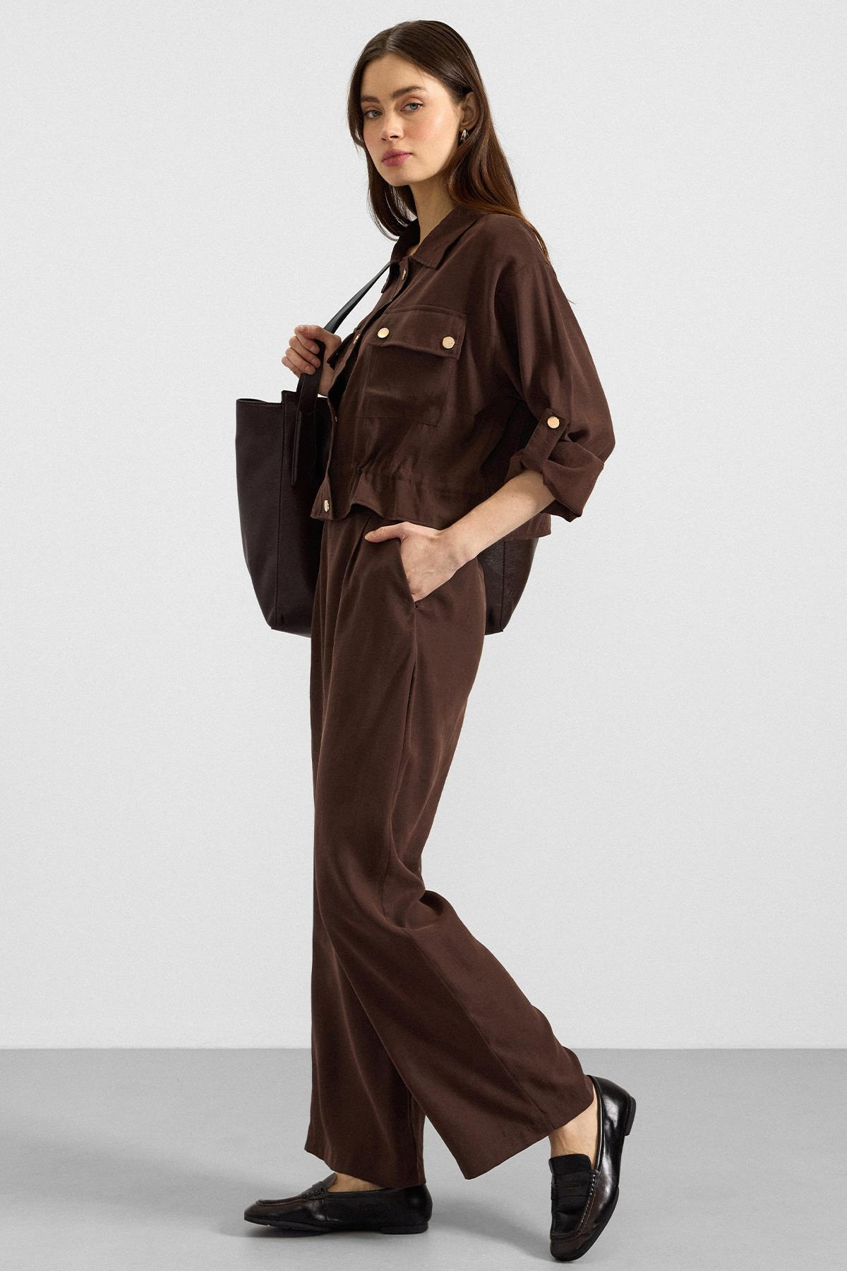 Pileli Salaş Modal Pantolon KAHVE 7589