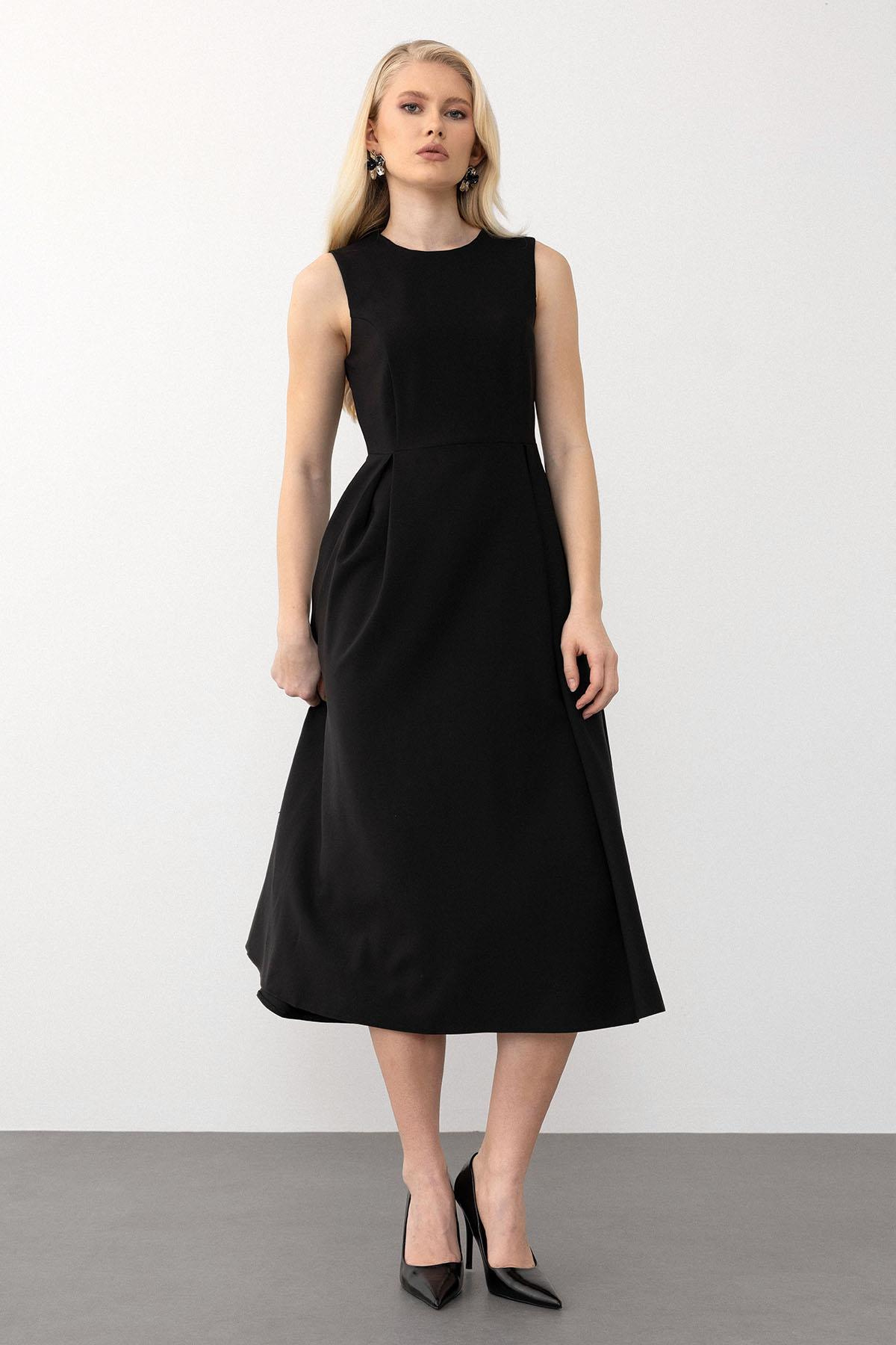 Pleated Check Detailed Midi Dress BLACK 9284-E