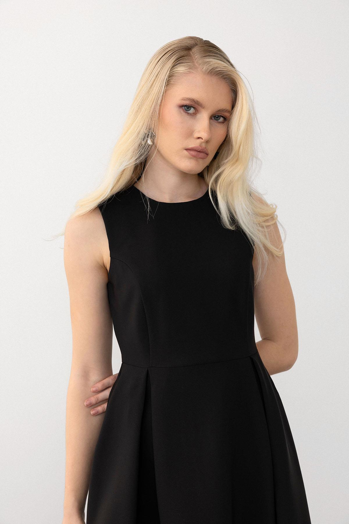 Pleated Check Detailed Midi Dress BLACK 9284-E