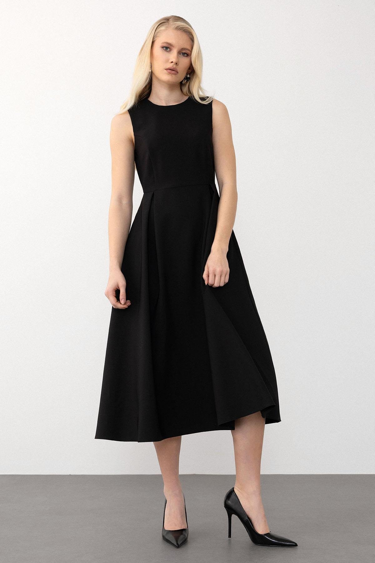 Pleated Check Detailed Midi Dress BLACK 9284-E