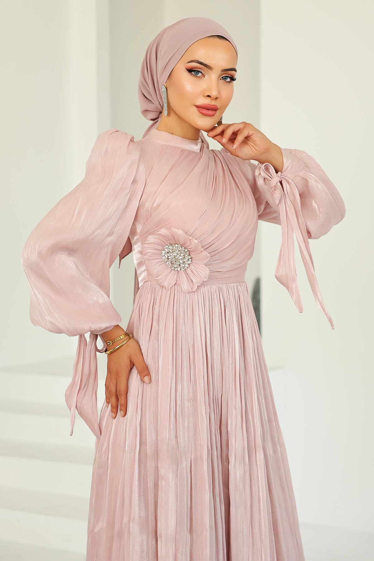 Pleated and Stone Brooch Detailed Yoyo Silk Hijab Evening Dress POWDER 1244