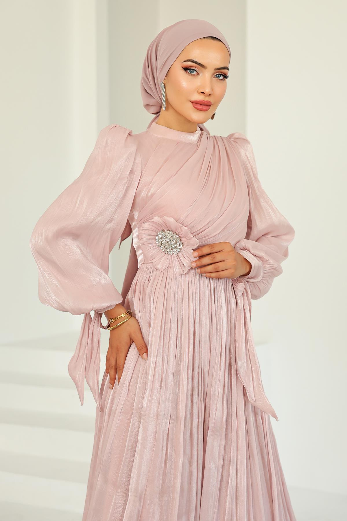 Pleated and Stone Brooch Detailed Yoyo Silk Hijab Evening Dress POWDER 1244