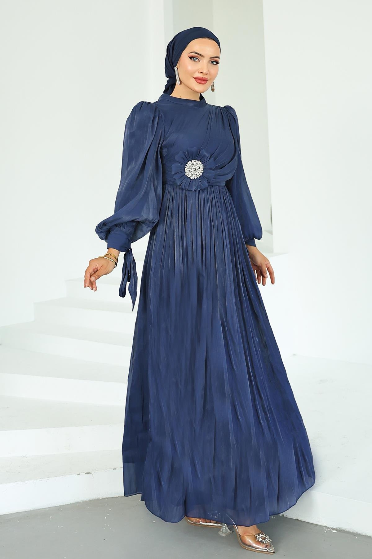 Pleated and Stone Brooch Detailed Yoyo Silk Hijab Evening Dress K. INDIGO 1244