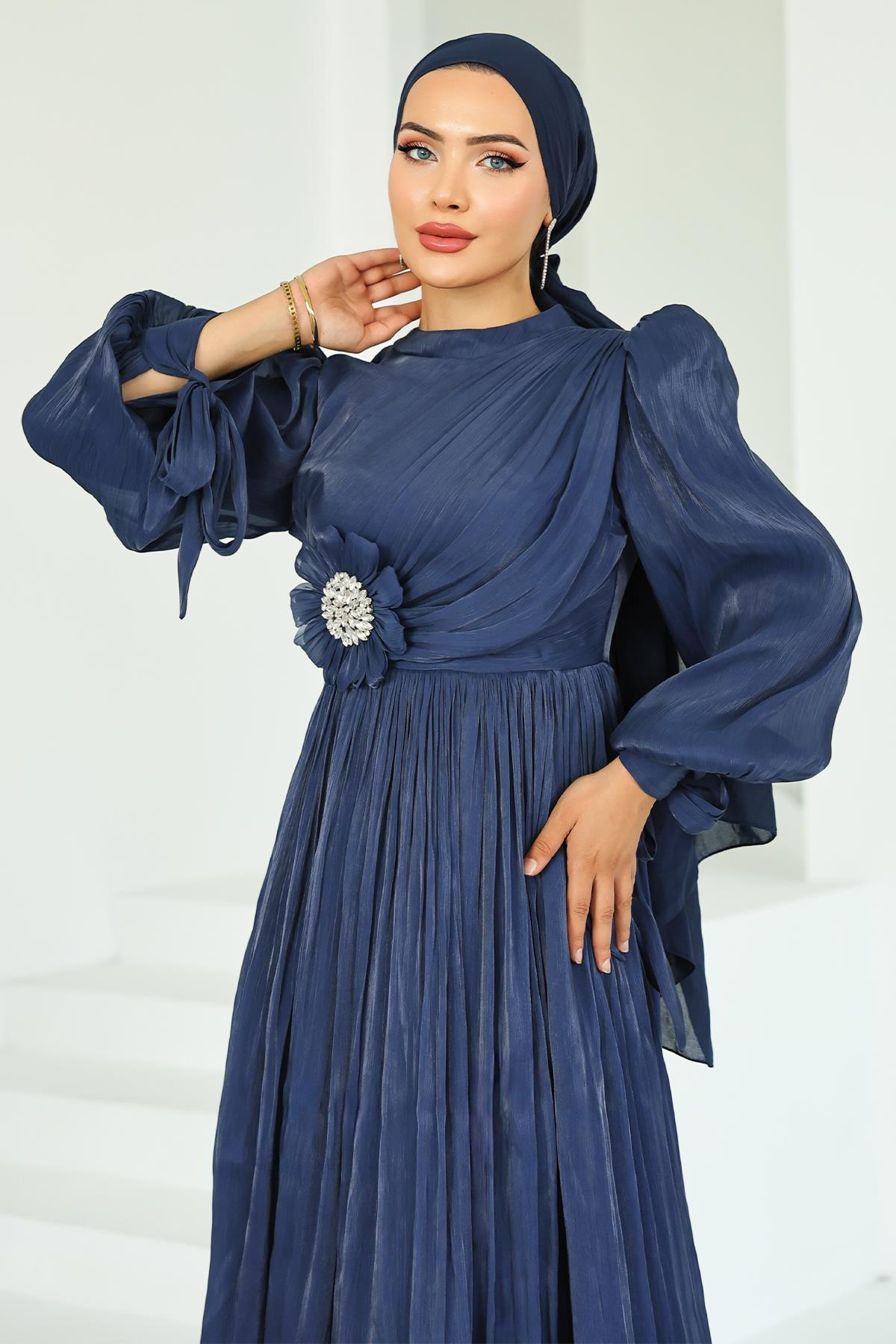 Pleated and Stone Brooch Detailed Yoyo Silk Hijab Evening Dress K. INDIGO 1244