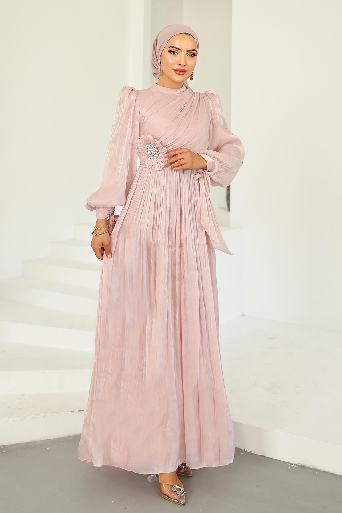 Pleated and Stone Brooch Detailed Yoyo Silk Hijab Evening Dress POWDER 1244