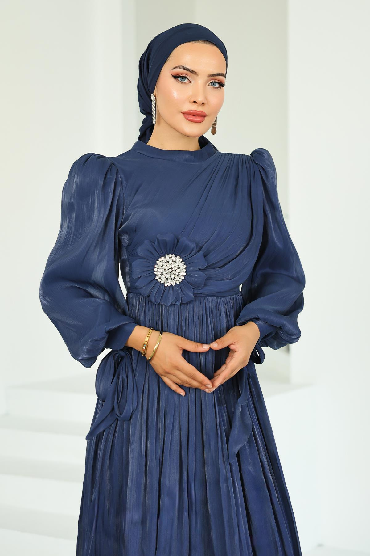 Pleated and Stone Brooch Detailed Yoyo Silk Hijab Evening Dress K. INDIGO 1244