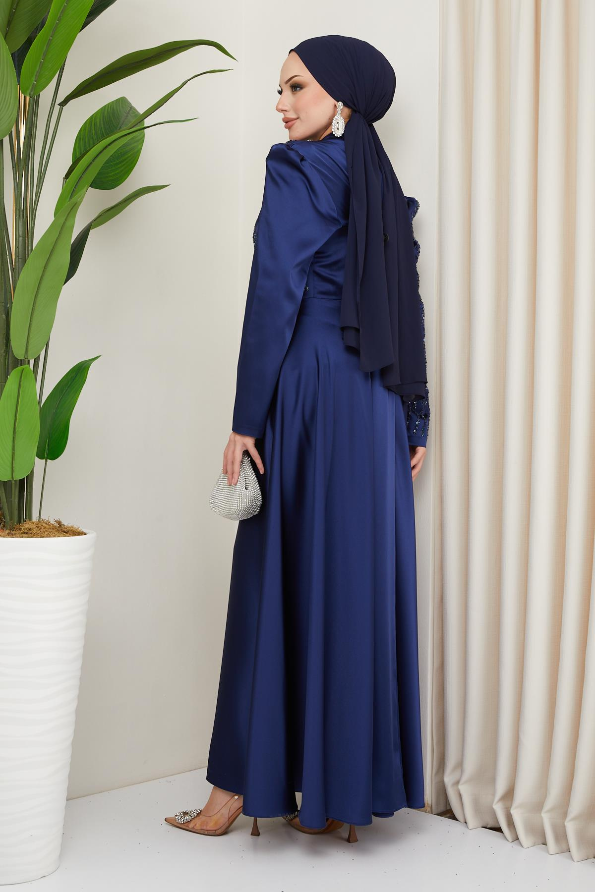 Pleated and Stone Detailed Plus Size Satin Hijab Evening Dress NAVY 1659