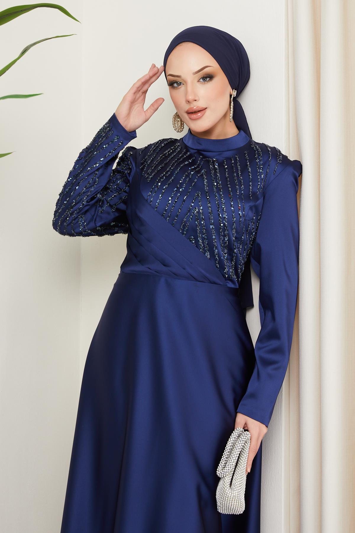 Pleated and Stone Detailed Plus Size Satin Hijab Evening Dress NAVY 1659