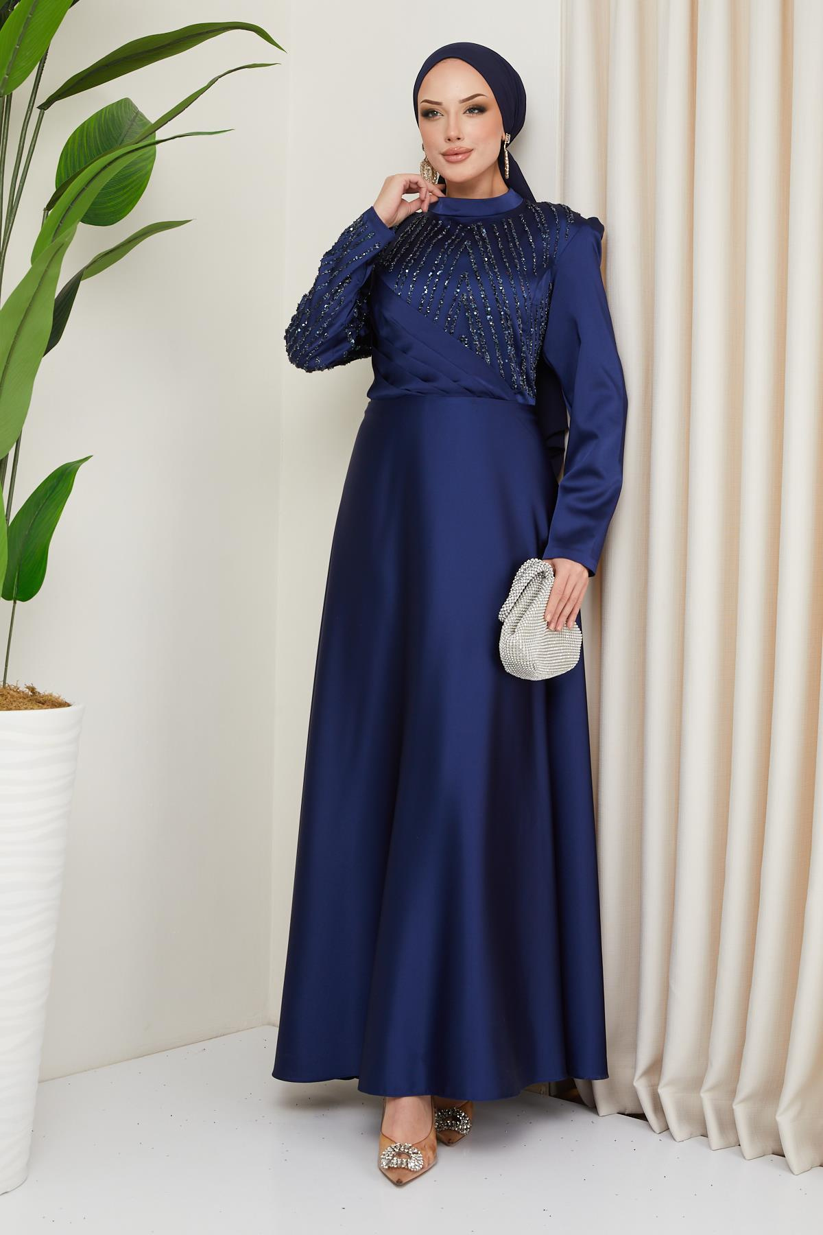 Pleated and Stone Detailed Plus Size Satin Hijab Evening Dress NAVY 1659