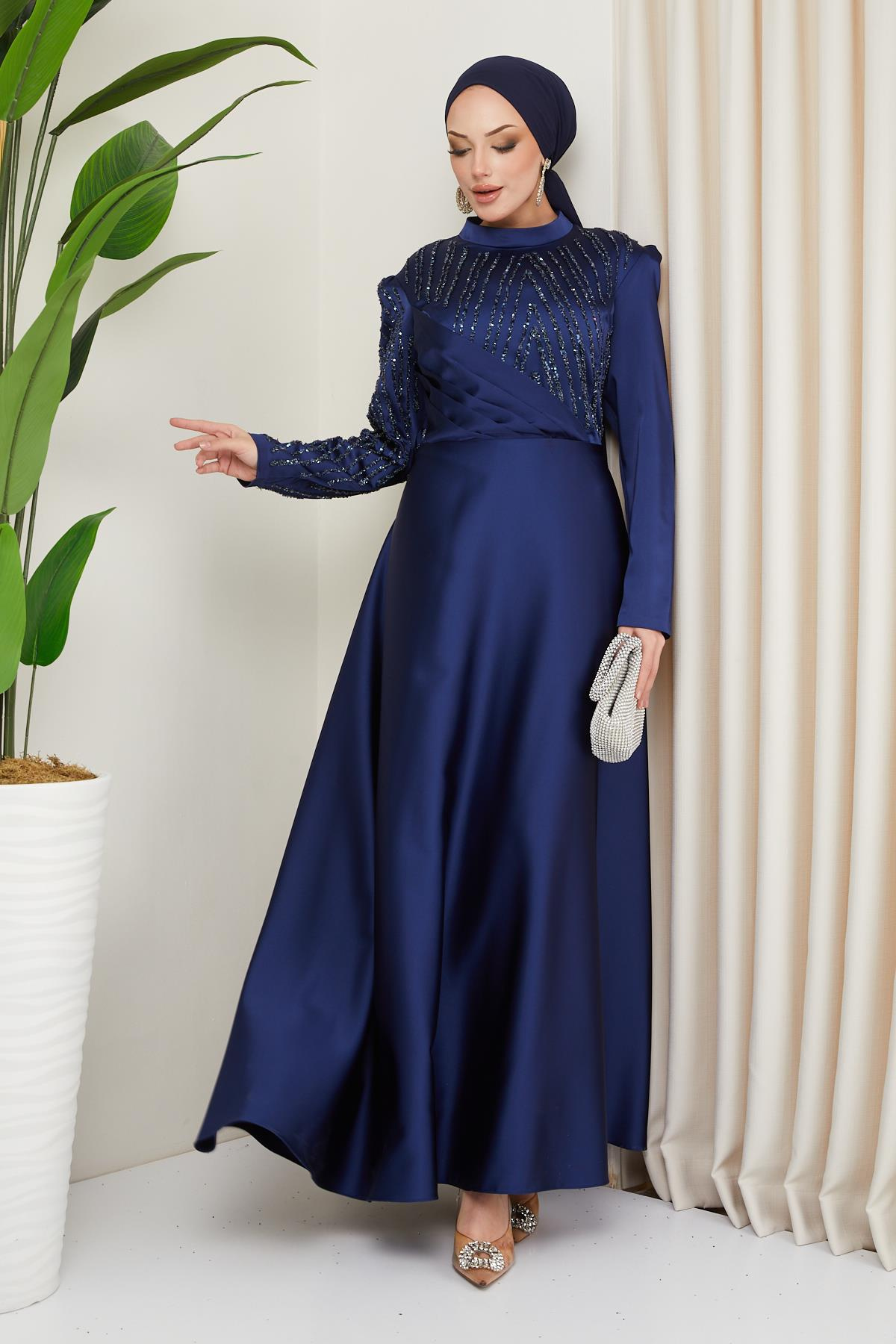Pleated and Stone Detailed Plus Size Satin Hijab Evening Dress NAVY 1659
