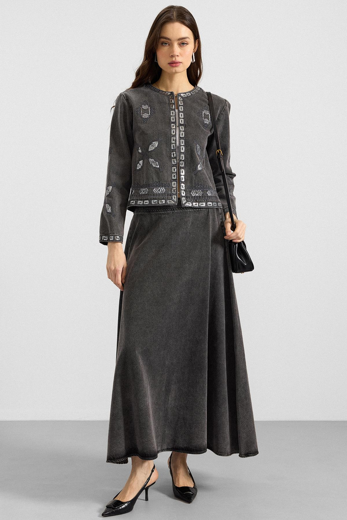 Pul ve Nakış Detaylı Etek Ceket Denim İkili Takım GRİ 9388-TK