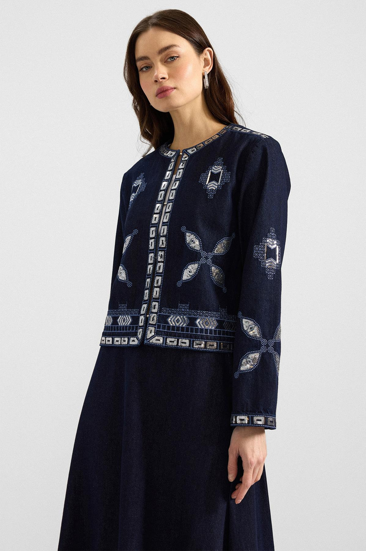 Pul ve Nakış Detaylı Etek Ceket Denim İkili Takım LACİVERT 9388-TK