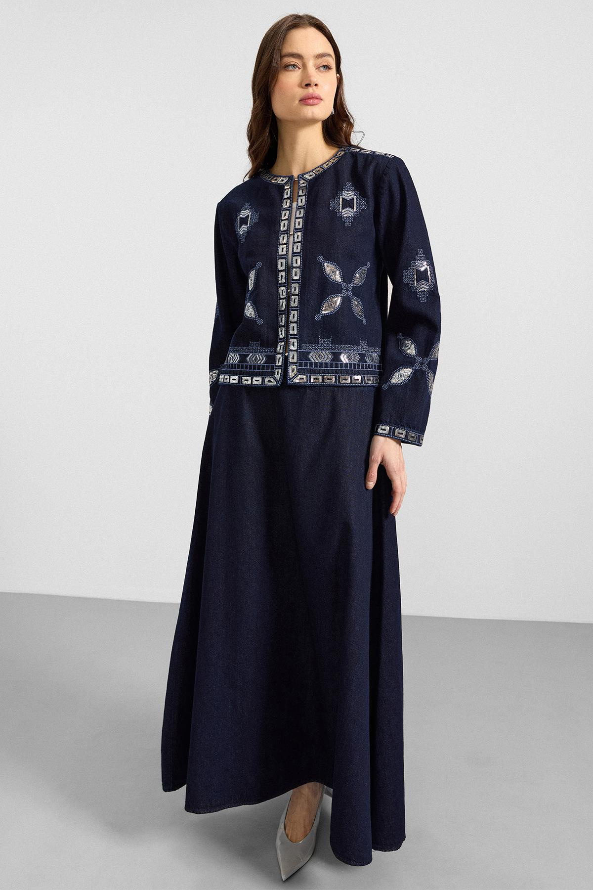 Pul ve Nakış Detaylı Etek Ceket Denim İkili Takım LACİVERT 9388-TK