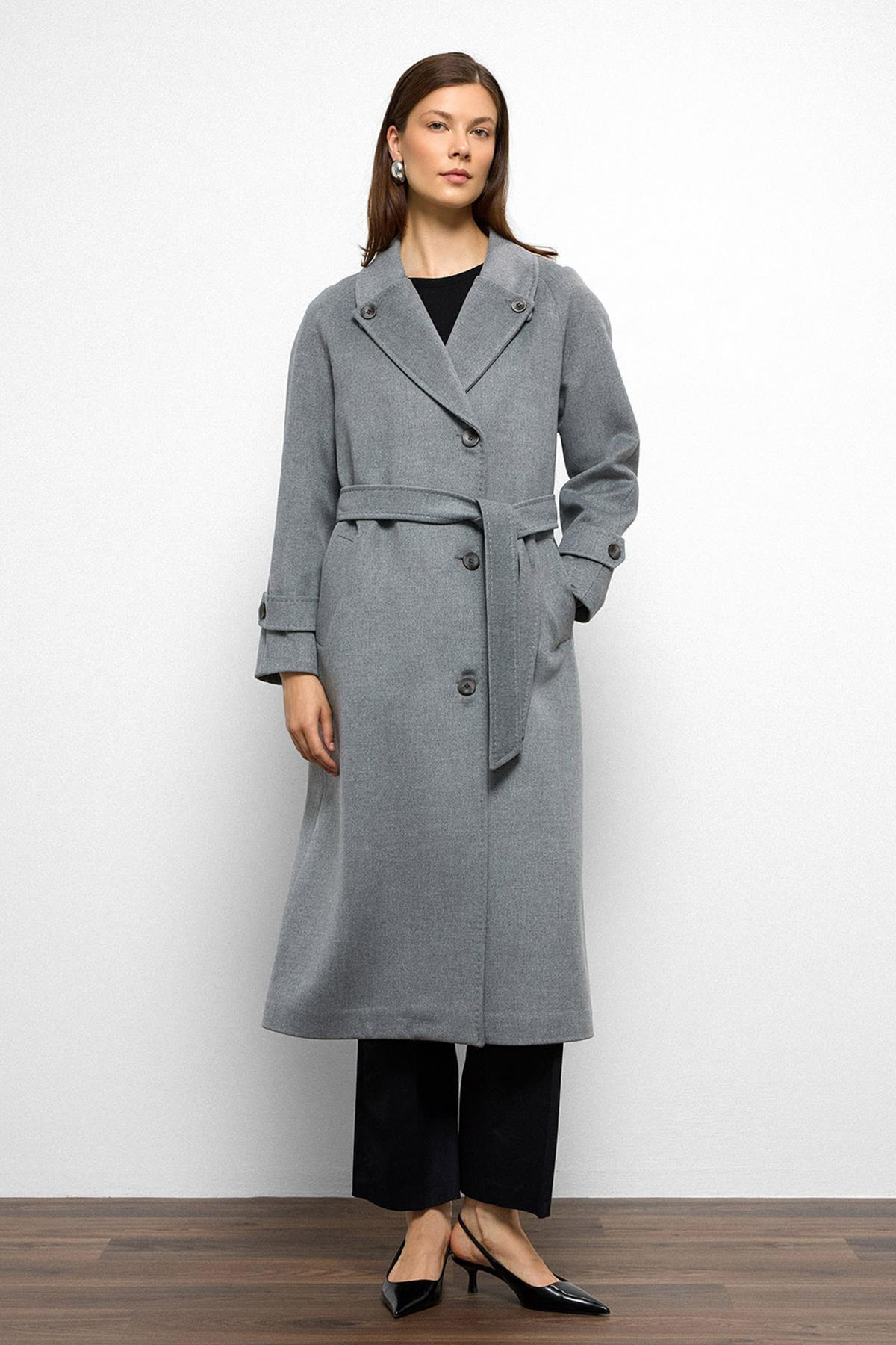 Mid-Length Cashmere Coat with Punto Stitch Detail and Pleated Back DARK GREY 3113