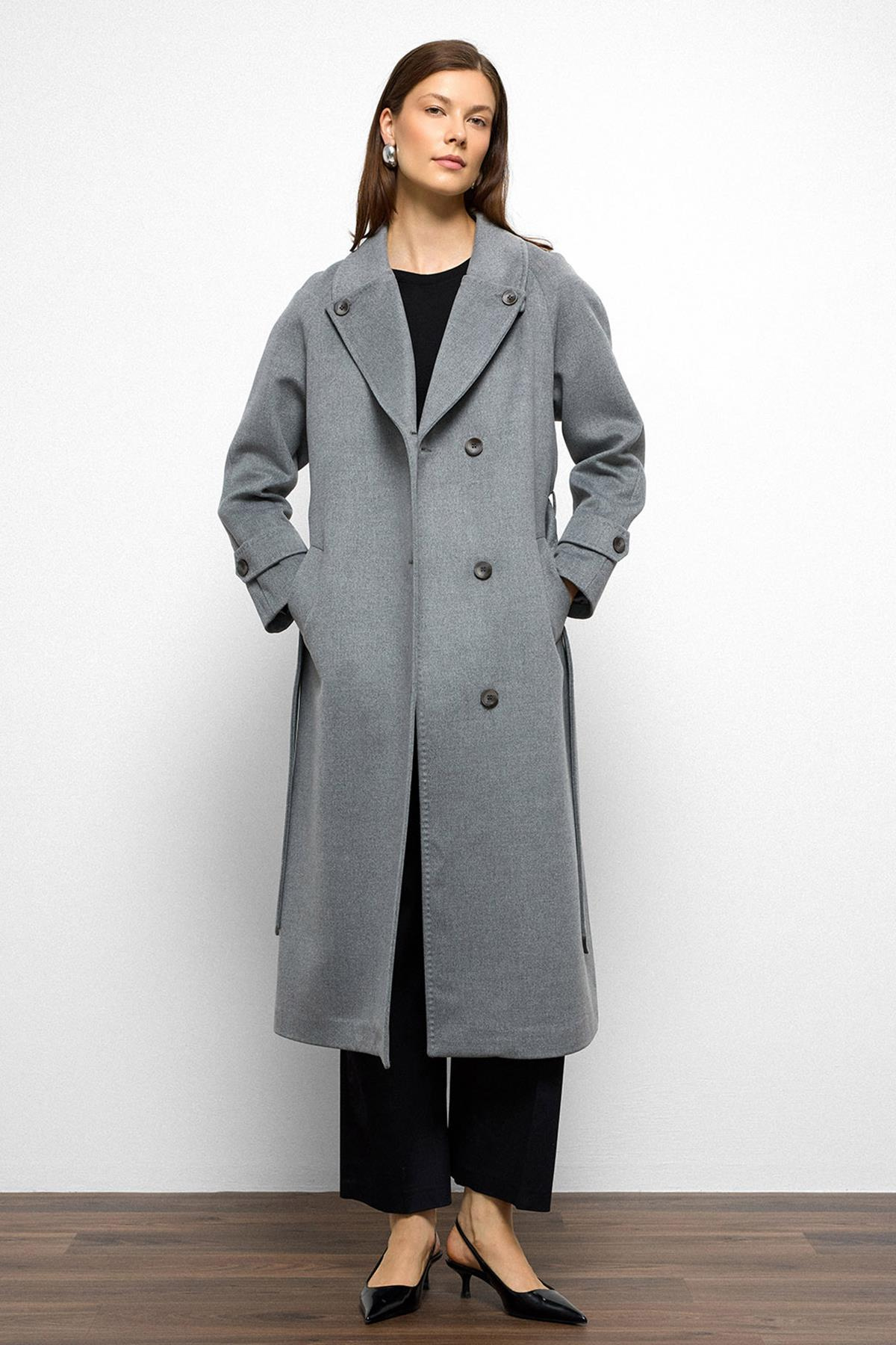 Mid-Length Cashmere Coat with Punto Stitch Detail and Pleated Back DARK GREY 3113