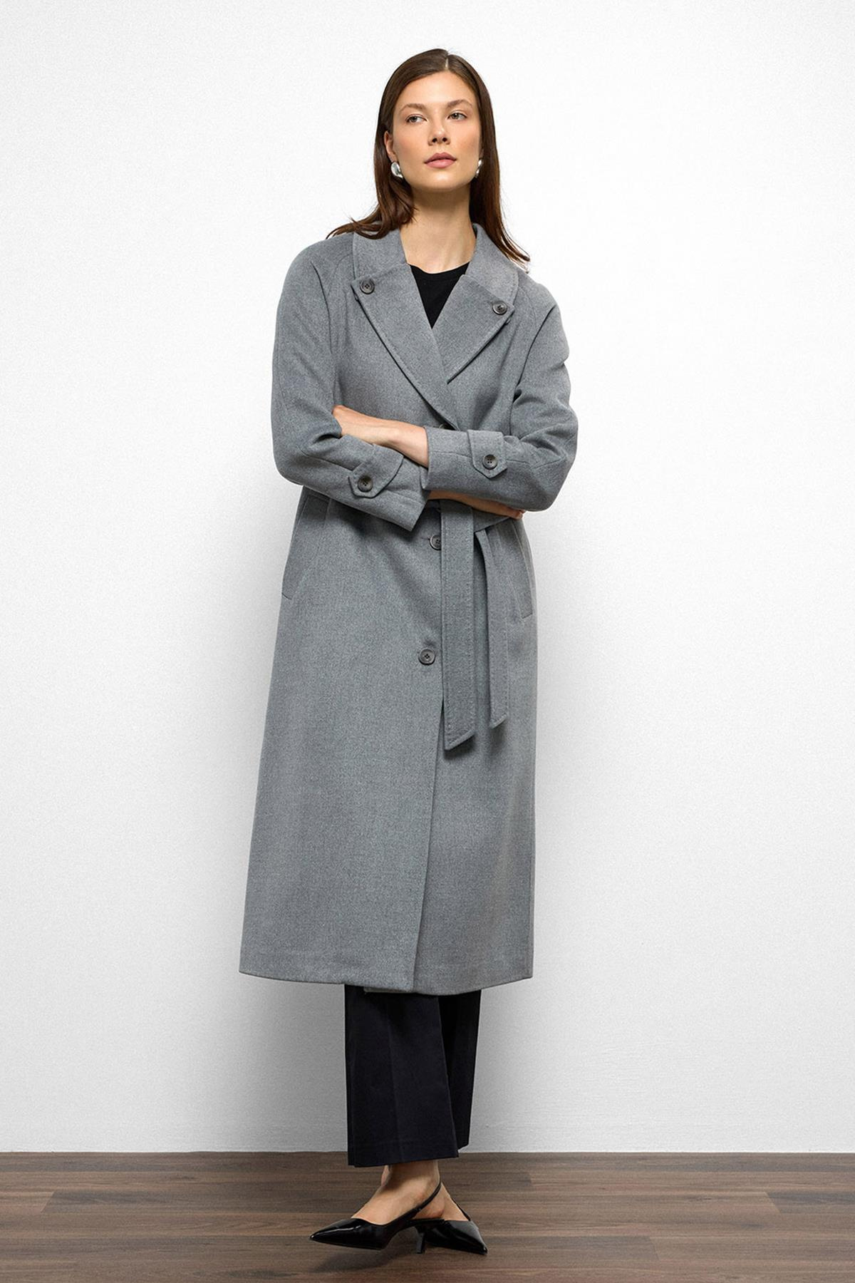 Mid-Length Cashmere Coat with Punto Stitch Detail and Pleated Back DARK GREY 3113