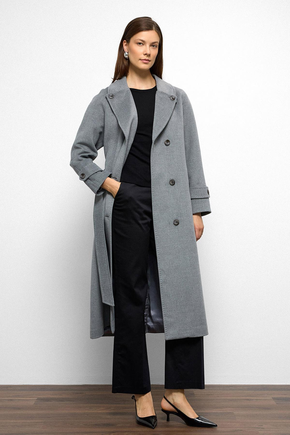 Mid-Length Cashmere Coat with Punto Stitch Detail and Pleated Back DARK GREY 3113