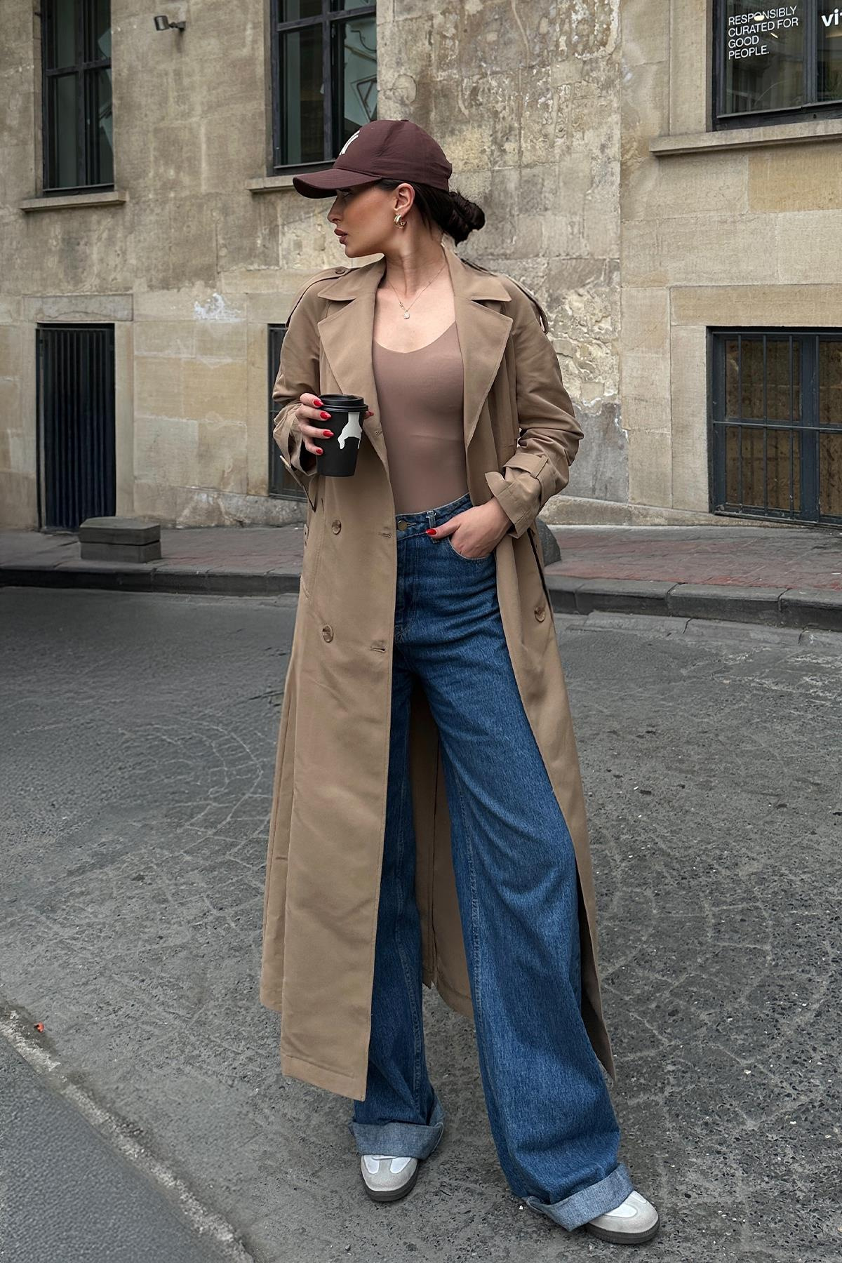 Raglan Sleeve Epaulette and Cape Detailed Unlined Long Trench Coat CAMEL 6701