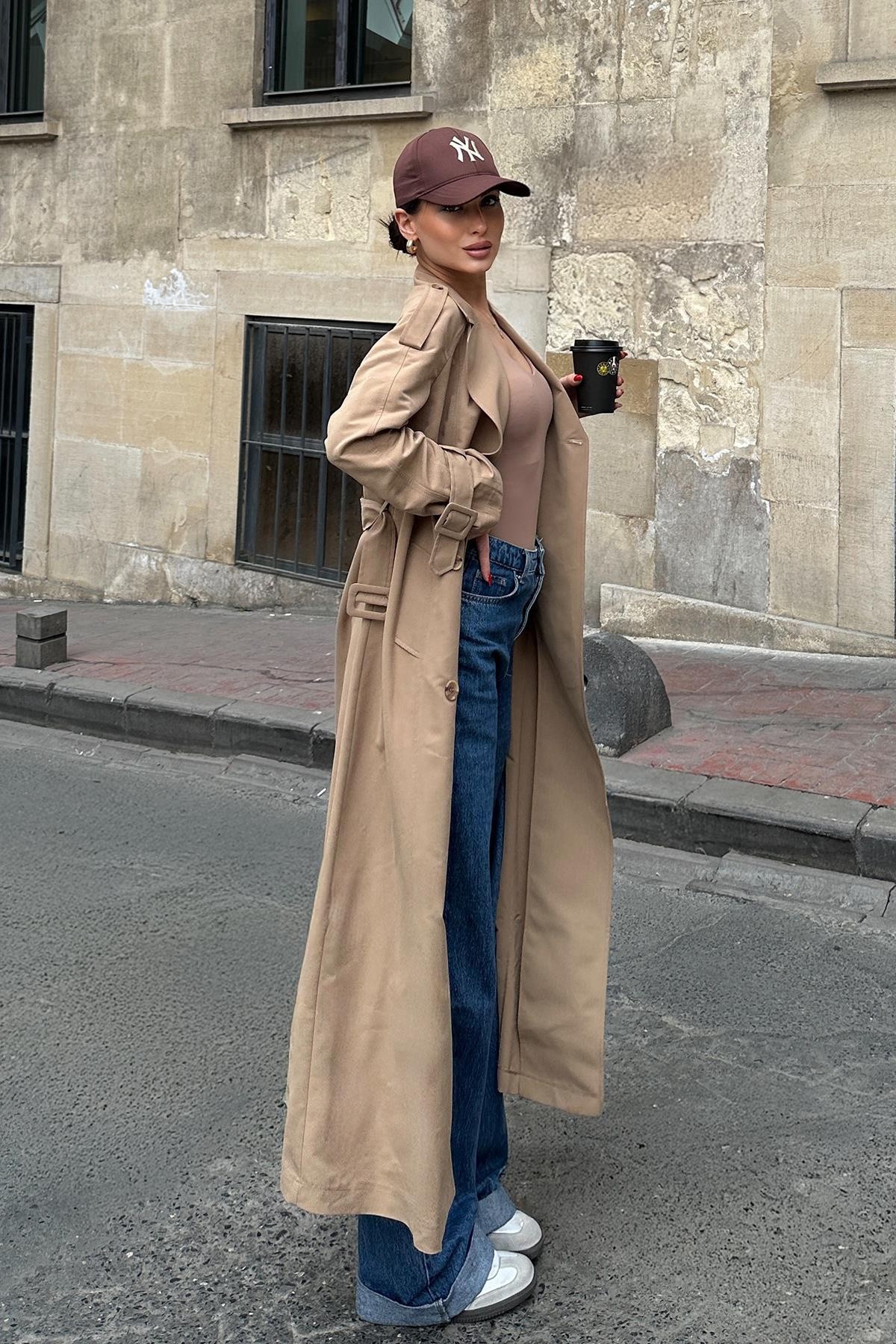 Raglan Sleeve Epaulette and Cape Detailed Unlined Long Trench Coat CAMEL 6701