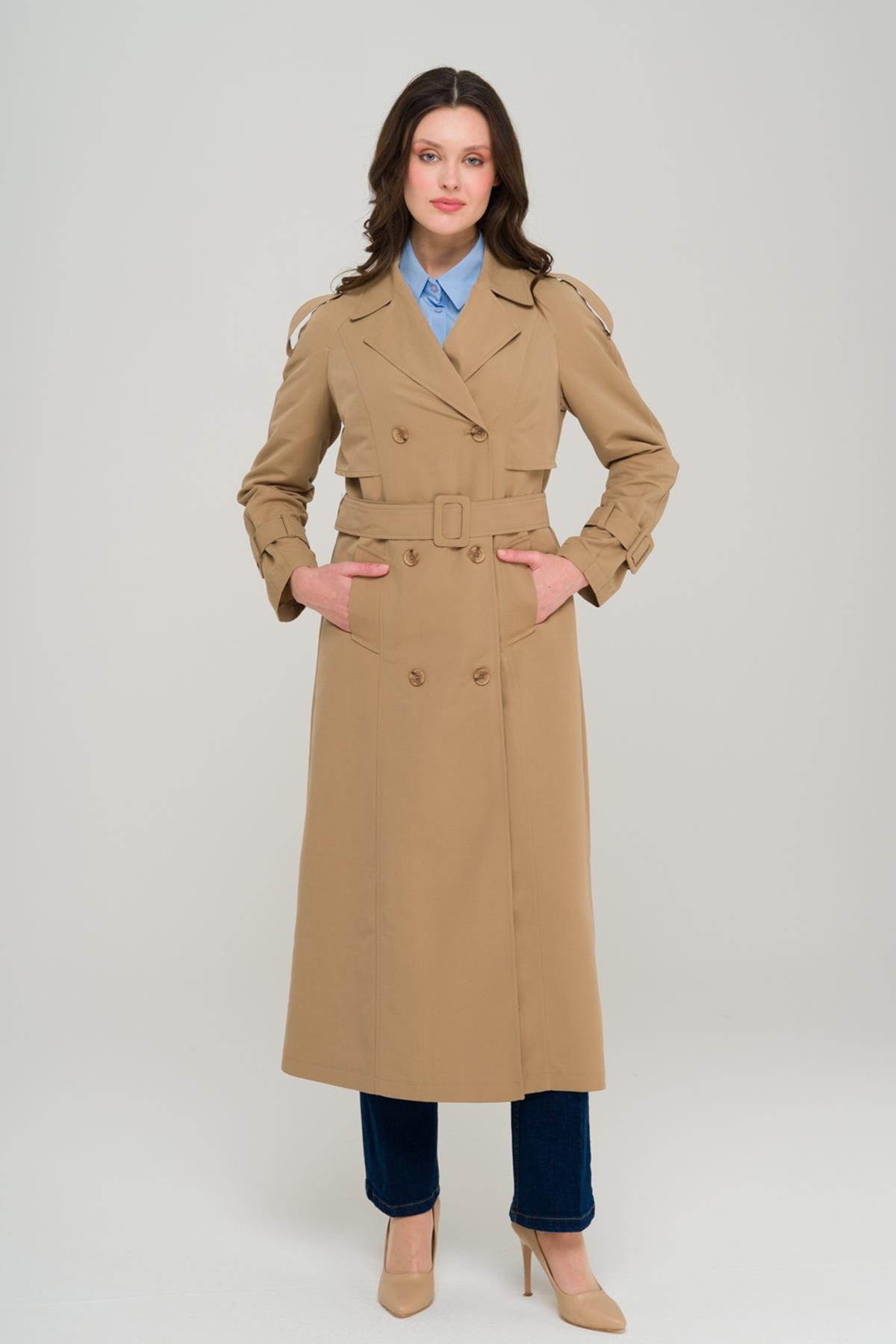 Raglan Sleeve Epaulette and Cape Detailed Unlined Long Trench Coat CAMEL 6701