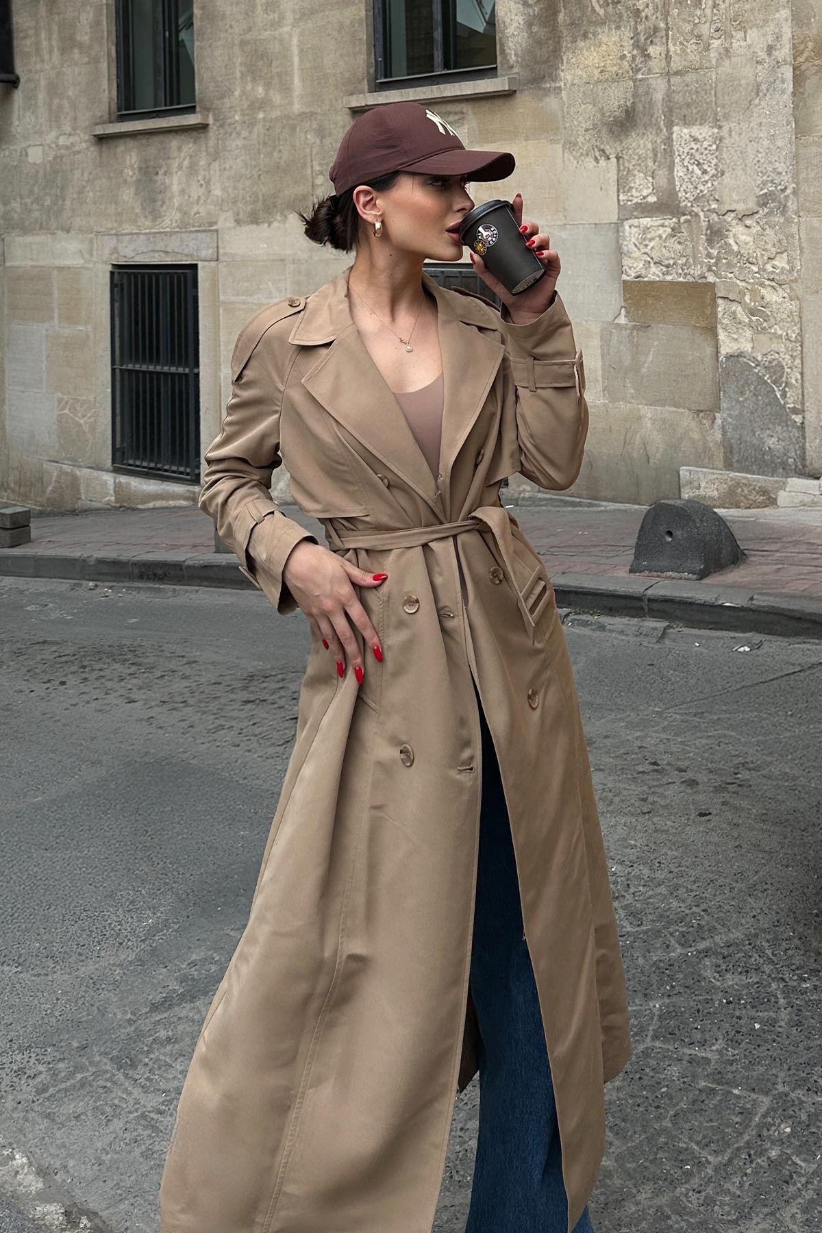 Raglan Sleeve Epaulette and Cape Detailed Unlined Long Trench Coat CAMEL 6701