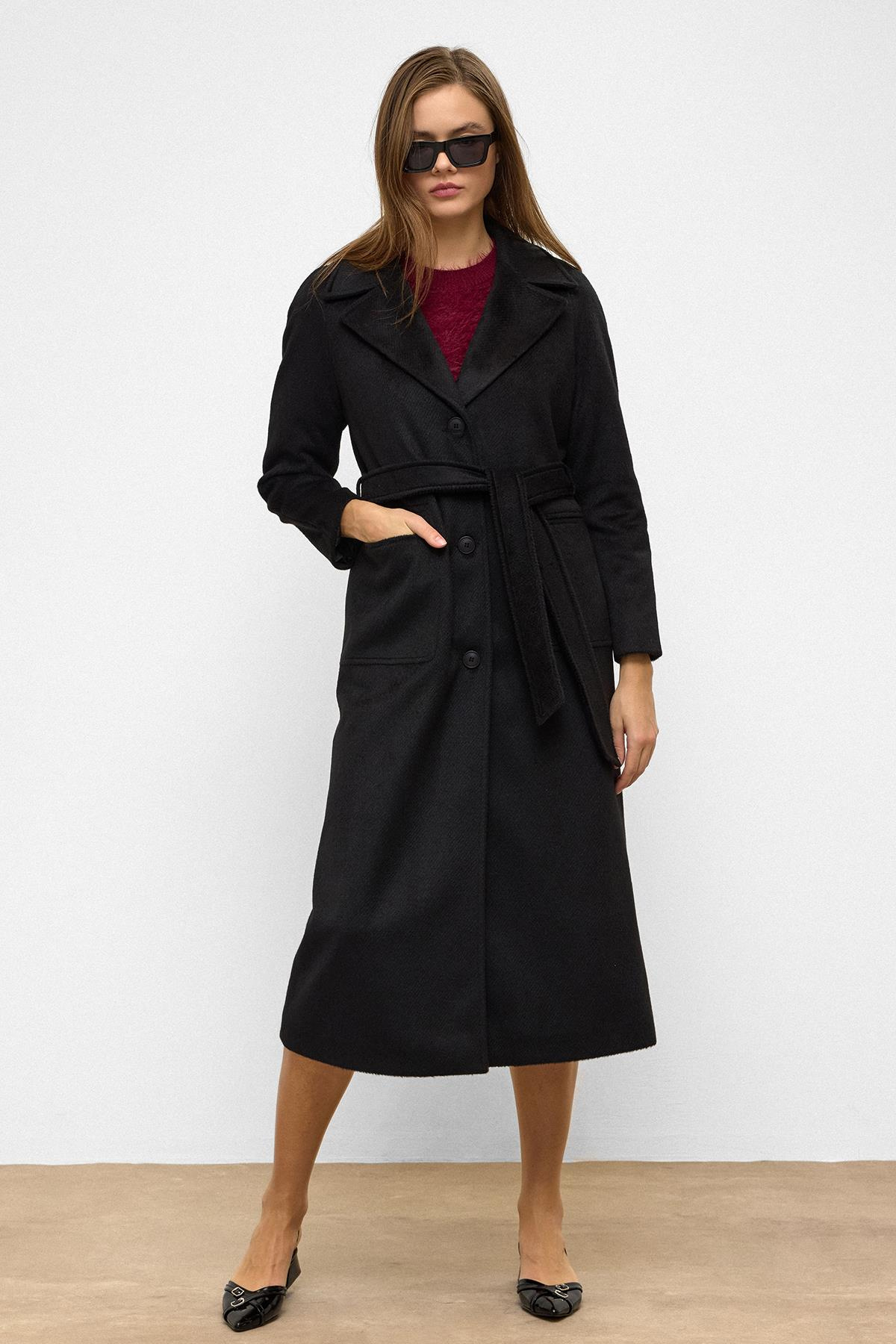 Reglan Kol Belden Bağlamalı Moher Kaban SİYAH 3156