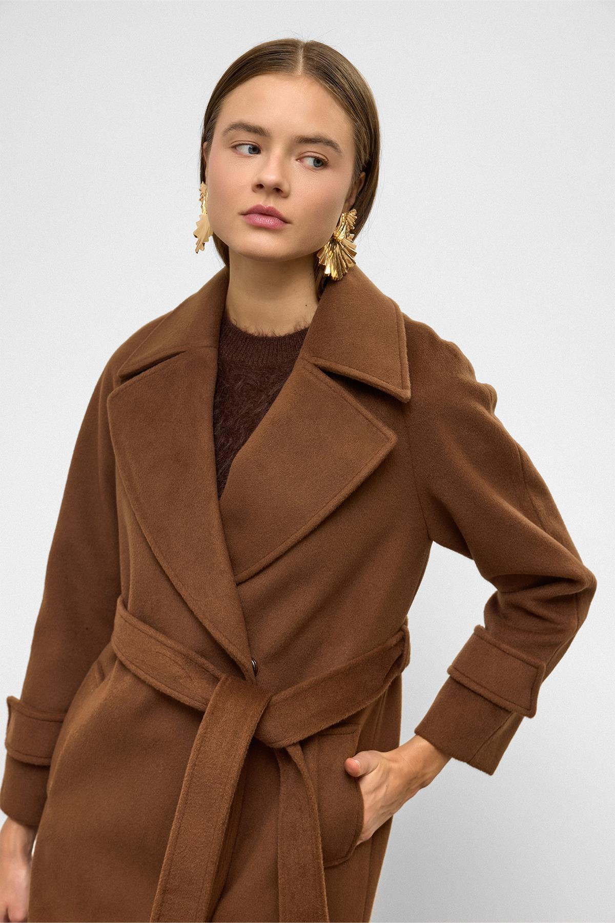 Raglan Sleeve Snap Closure Mid-Length Coat TOBACCO 3145