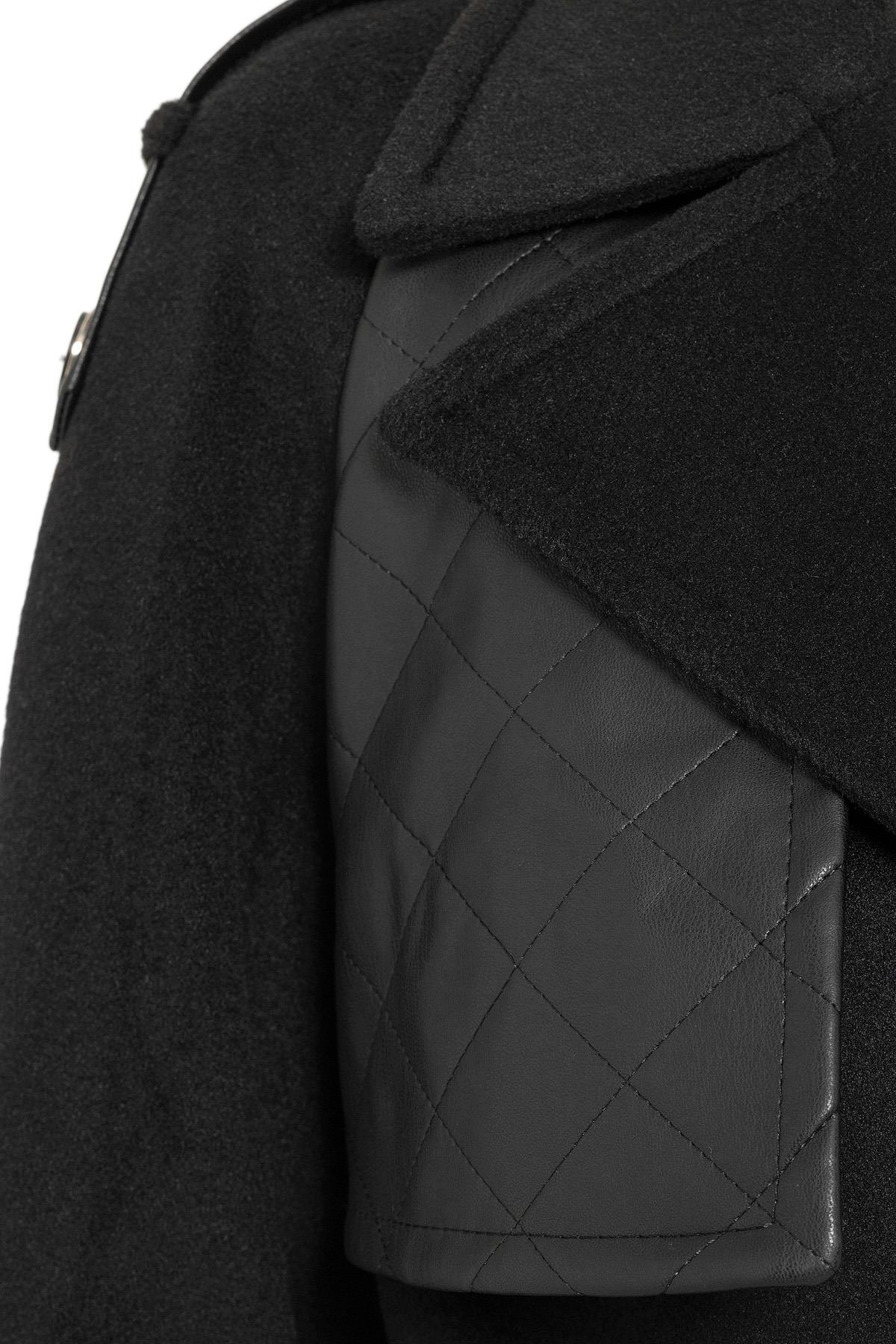 Raglan Sleeve Leather Cape and Epaulette Detailed Long Coat BLACK 3084