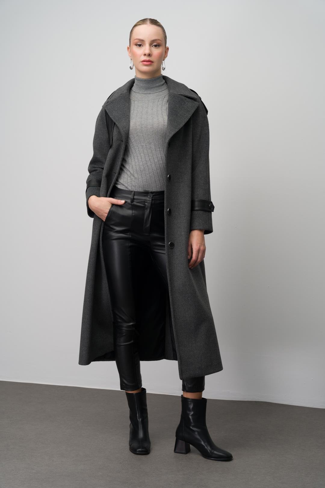 Raglan Sleeve Leather Cape and Epaulette Detailed Long Coat DARK GREY 3084