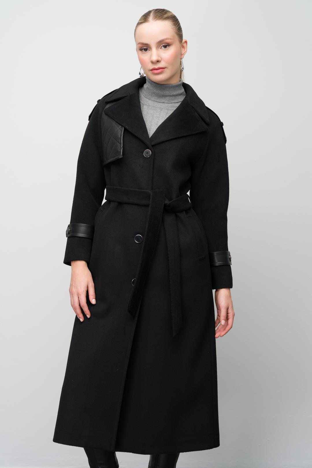 Raglan Sleeve Leather Cape and Epaulette Detailed Long Coat BLACK 3084