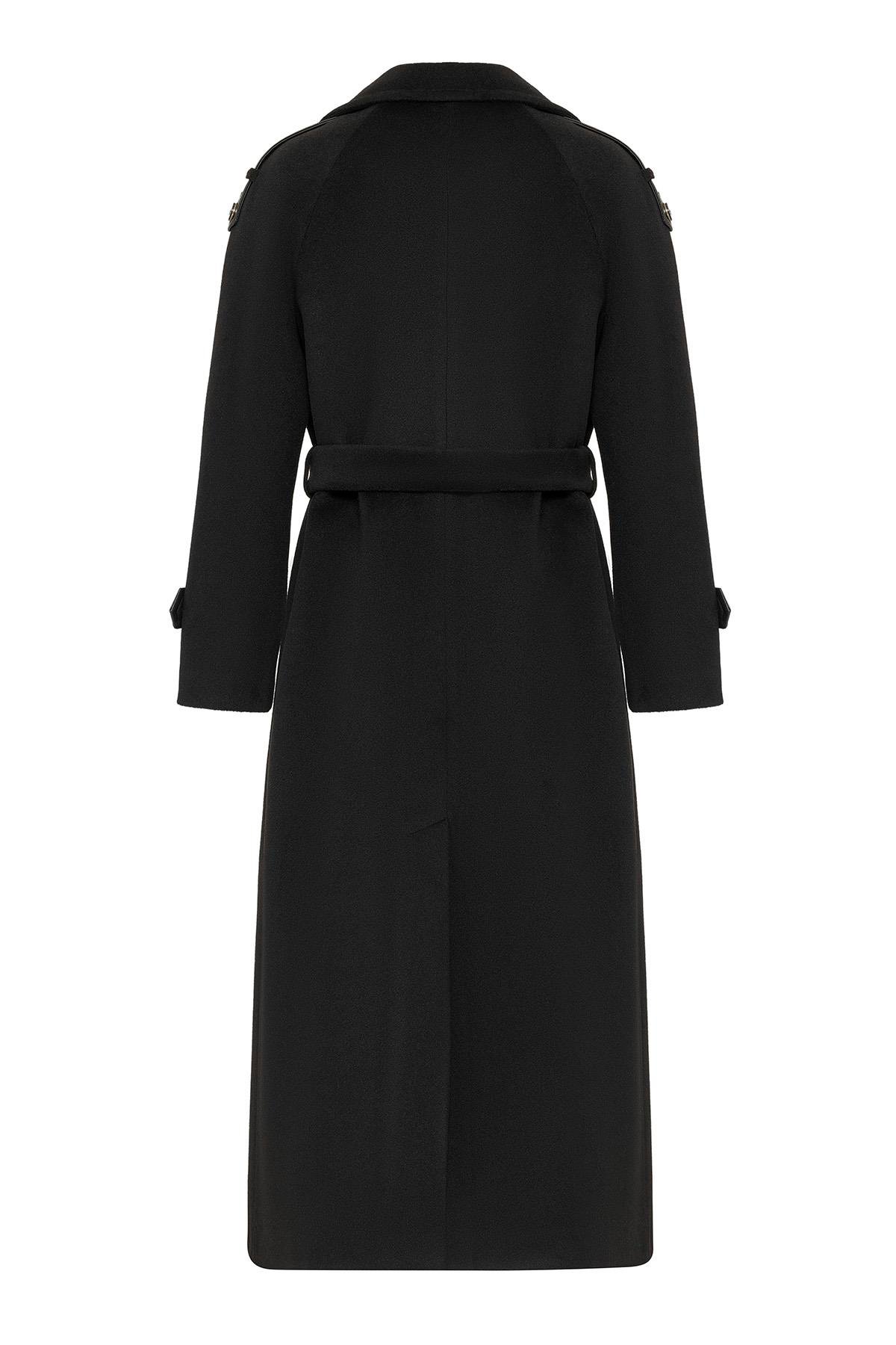 Raglan Sleeve Leather Cape and Epaulette Detailed Long Coat BLACK 3084