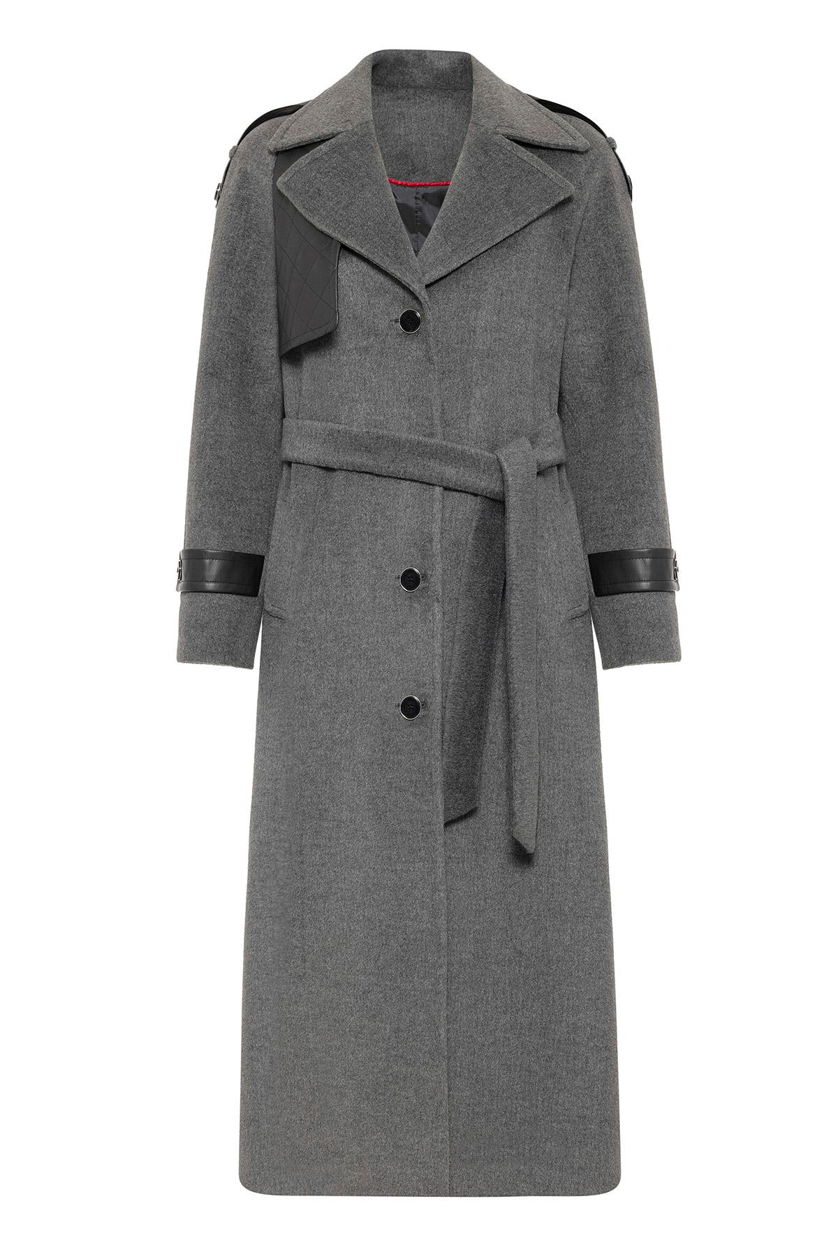 Raglan Sleeve Leather Cape and Epaulette Detailed Long Coat DARK GREY 3084