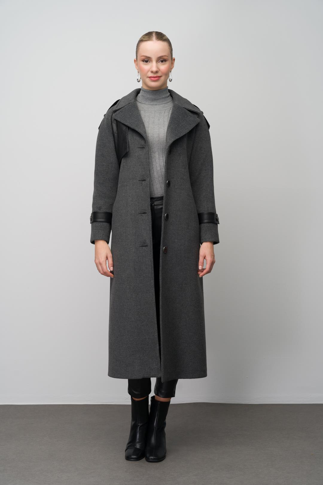 Raglan Sleeve Leather Cape and Epaulette Detailed Long Coat DARK GREY 3084