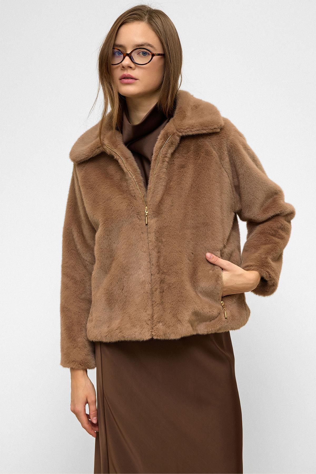 Reglan Kol Fermuarlı Suni Kürk Ceket KAMEL 1012