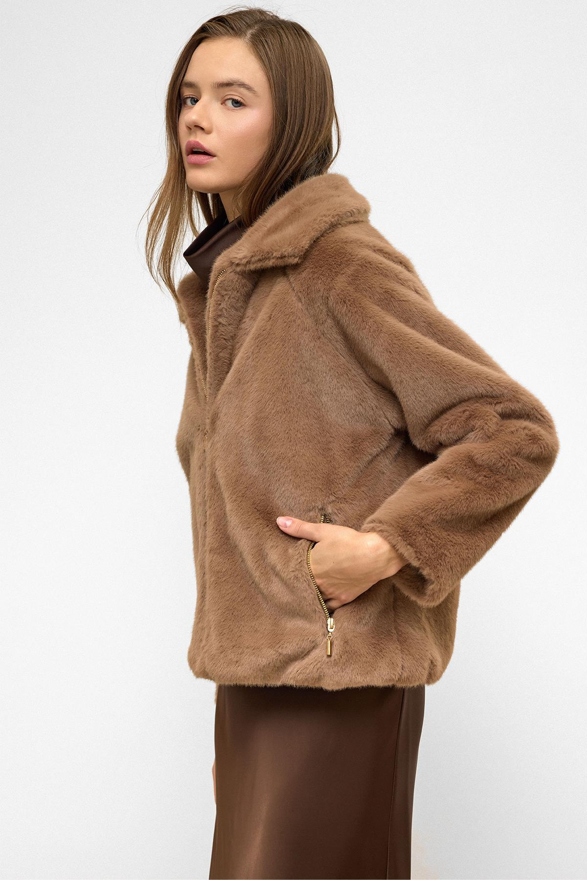 Reglan Kol Fermuarlı Suni Kürk Ceket KAMEL 1012