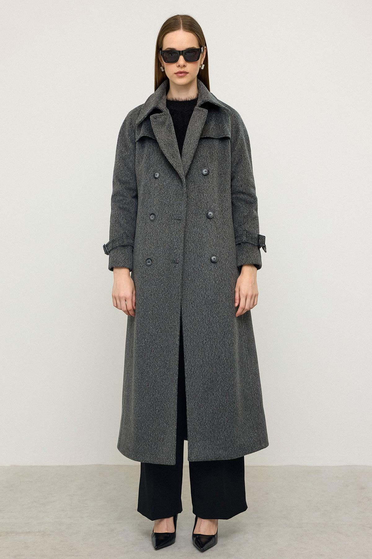 Raglan Sleeve Cape Detailed Long Mohair Coat HARD COAL 3144