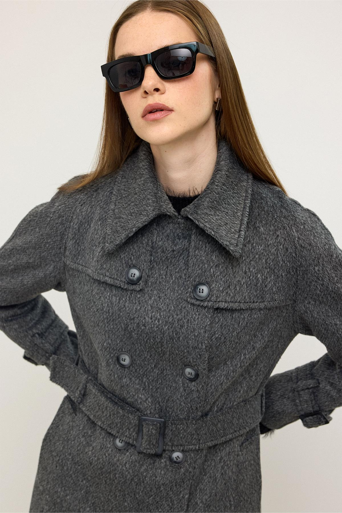 Raglan Sleeve Cape Detailed Long Mohair Coat HARD COAL 3144