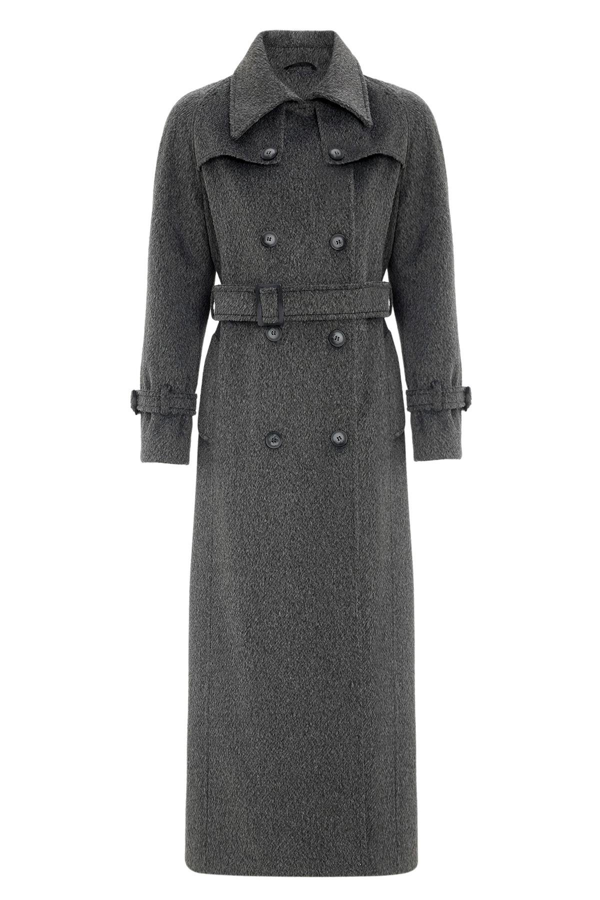 Raglan Sleeve Cape Detailed Long Mohair Coat HARD COAL 3144
