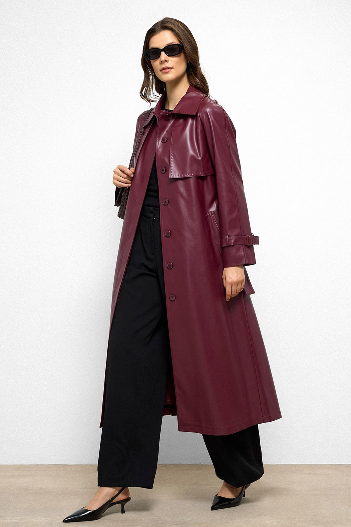 Raglan Sleeve Cape and Point Stitch Detailed Leather Trench Coat CLARET RED 6754