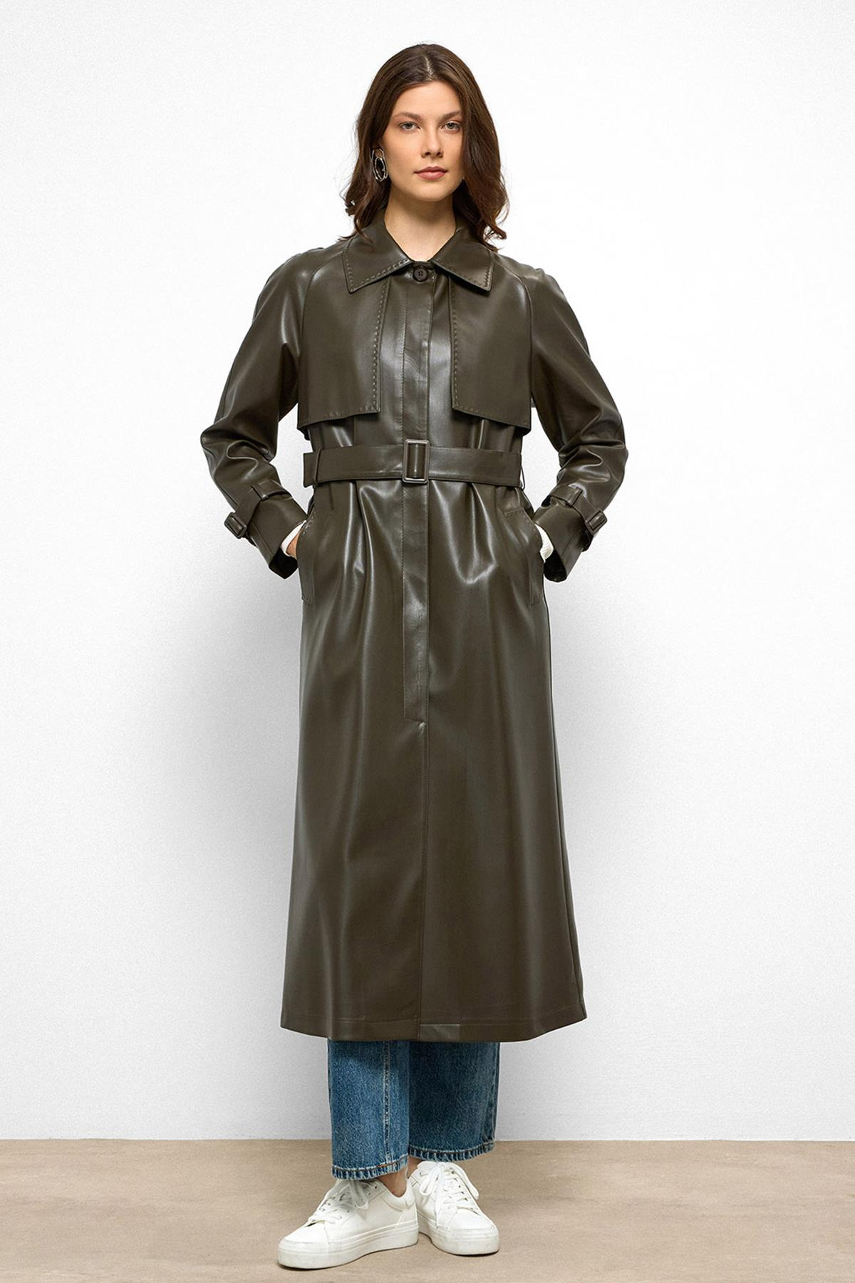 Raglan Sleeve Cape and Point Stitch Detailed Leather Trench Coat DRAB 6754