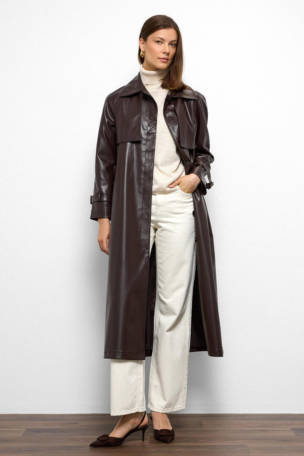 Raglan Sleeve Cape and Point Stitch Detailed Leather Trench Coat Black Coffee 6754