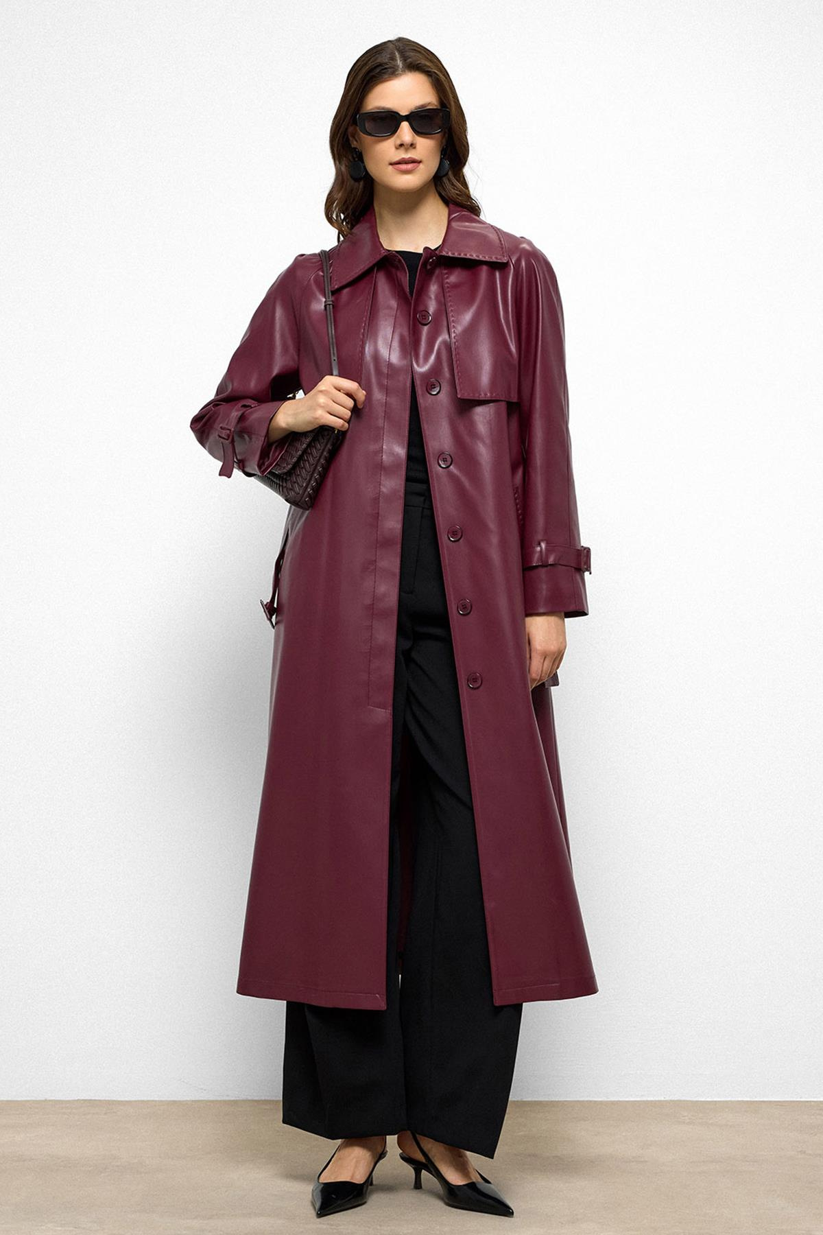 Raglan Sleeve Cape and Point Stitch Detailed Leather Trench Coat CLARET RED 6754