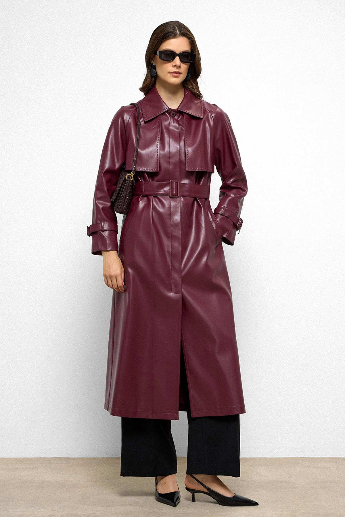 Raglan Sleeve Cape and Point Stitch Detailed Leather Trench Coat CLARET RED 6754