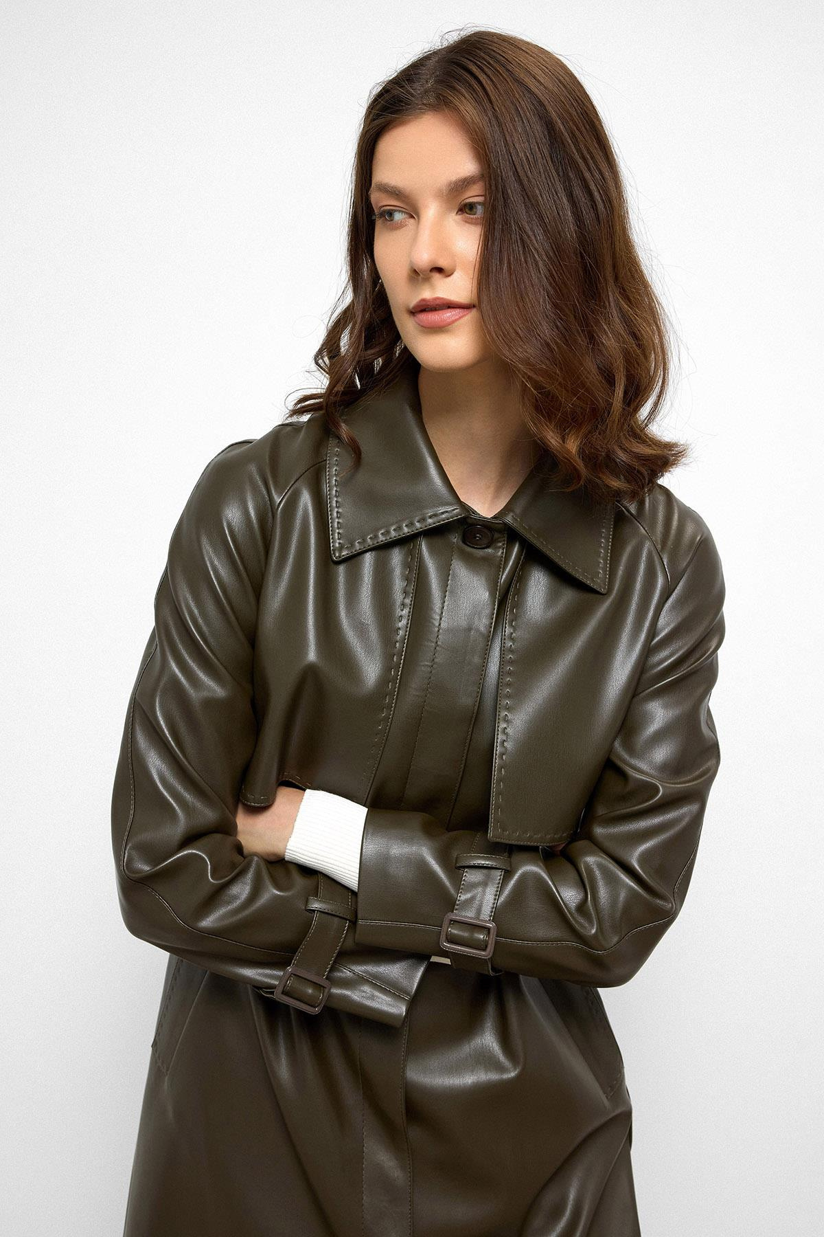 Raglan Sleeve Cape and Point Stitch Detailed Leather Trench Coat DRAB 6754