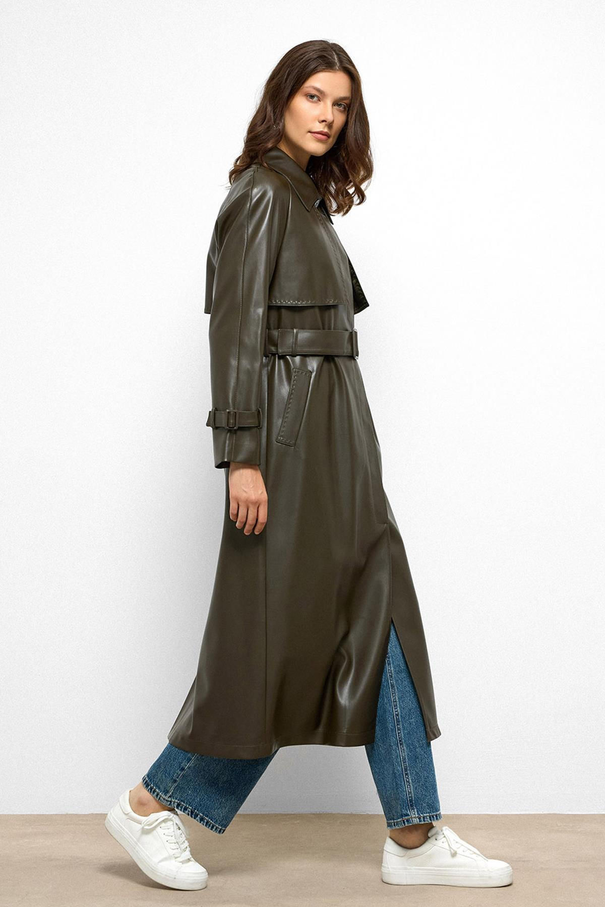 Raglan Sleeve Cape and Point Stitch Detailed Leather Trench Coat DRAB 6754