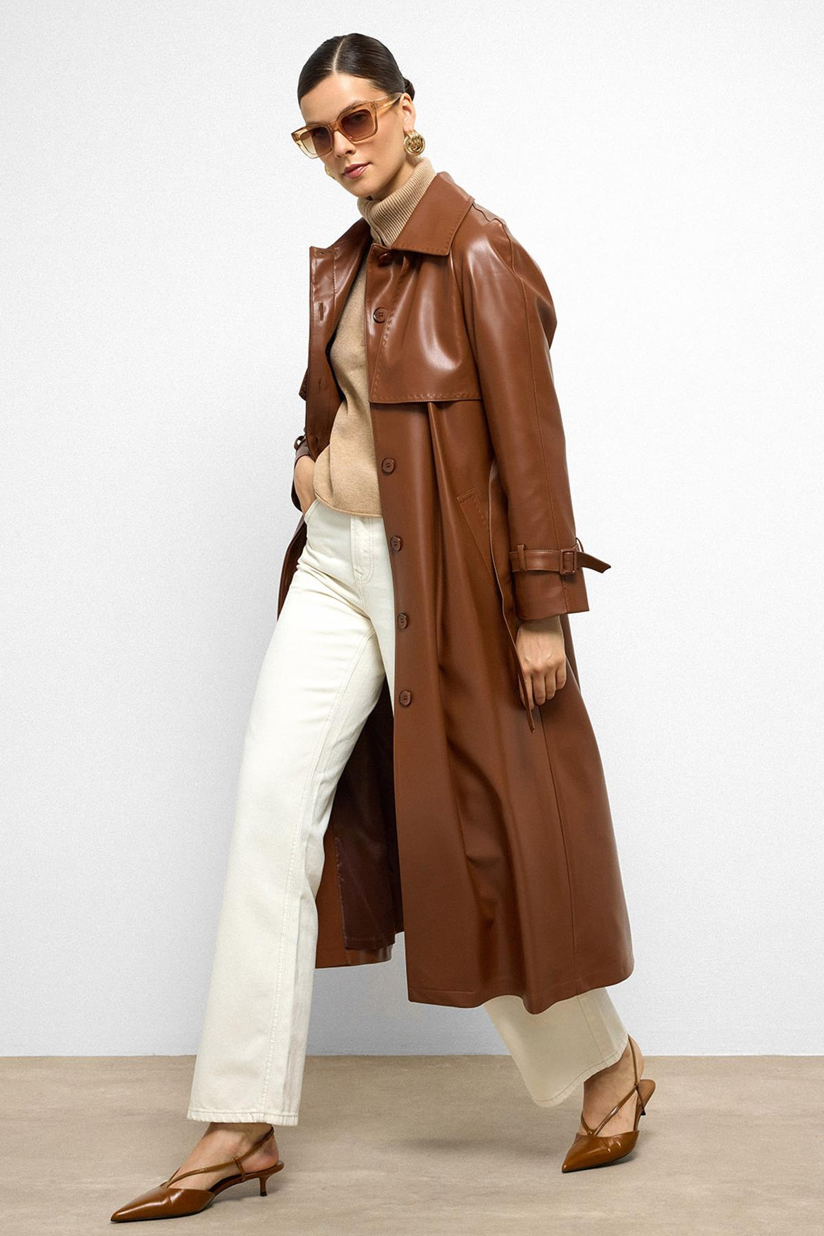 Raglan Sleeve Cape and Point Stitch Detailed Leather Trench Coat CAMEL 6754