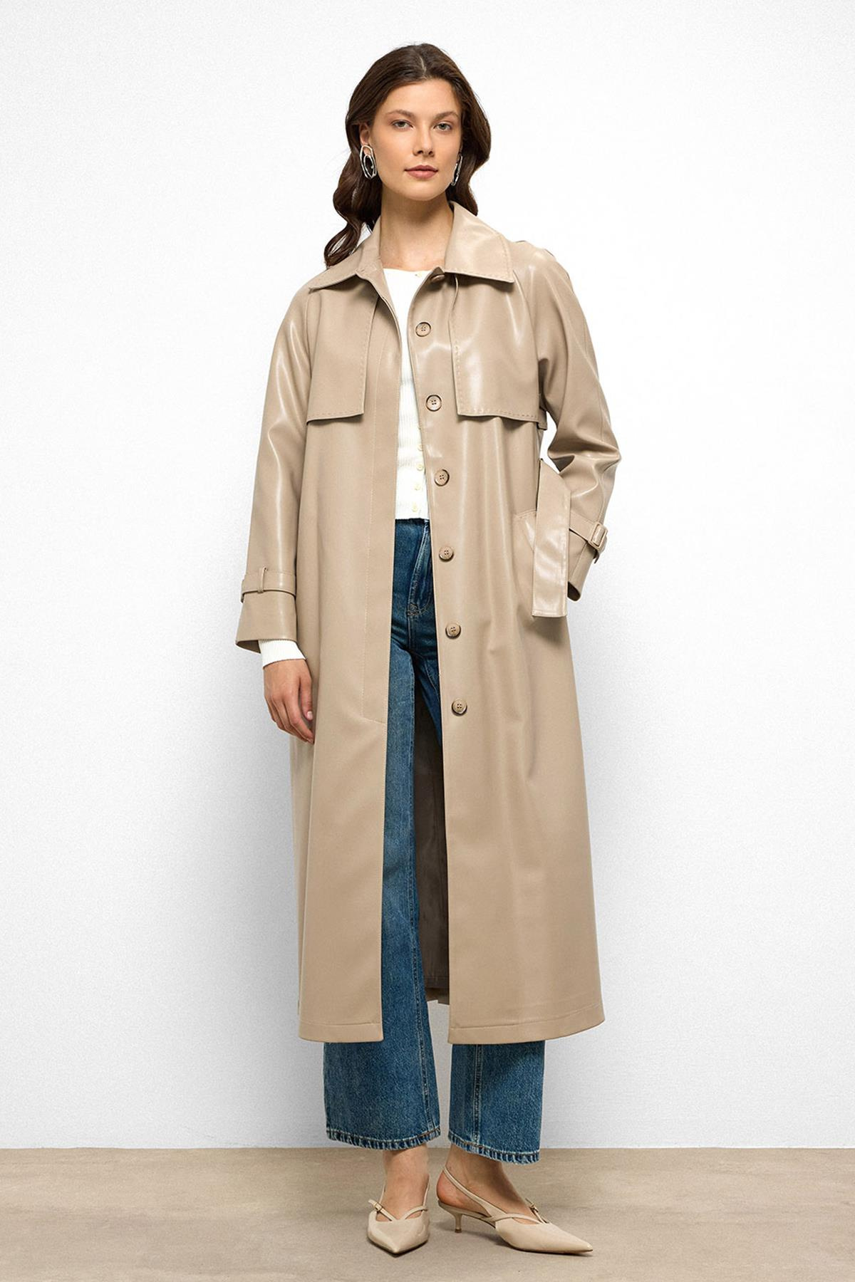 Raglan Sleeve Cape and Point Stitch Detailed Leather Trench Coat STONE 6754