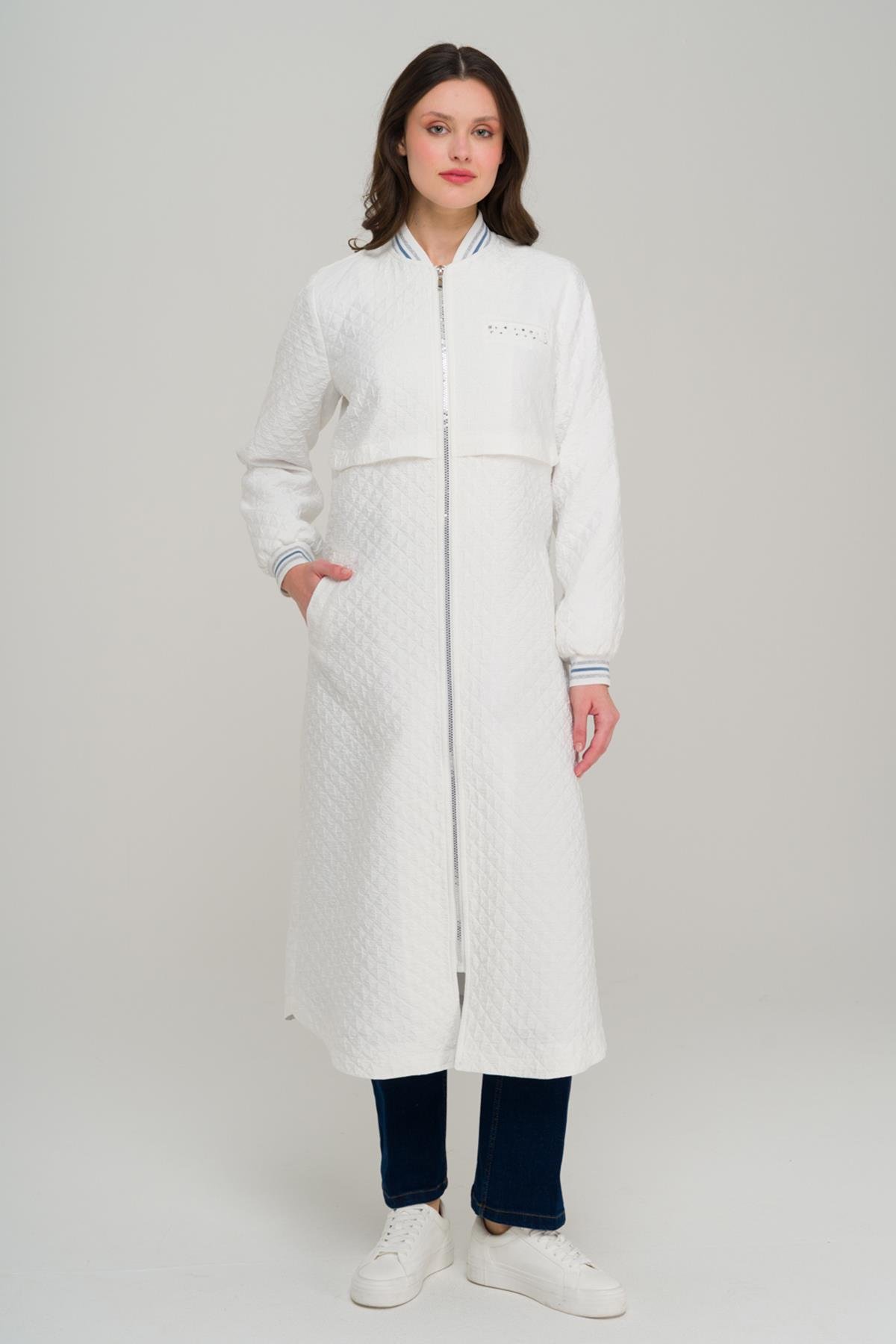 Quilted Patterned Lightweight Coat with Rib and Stone Details IVORY 6702