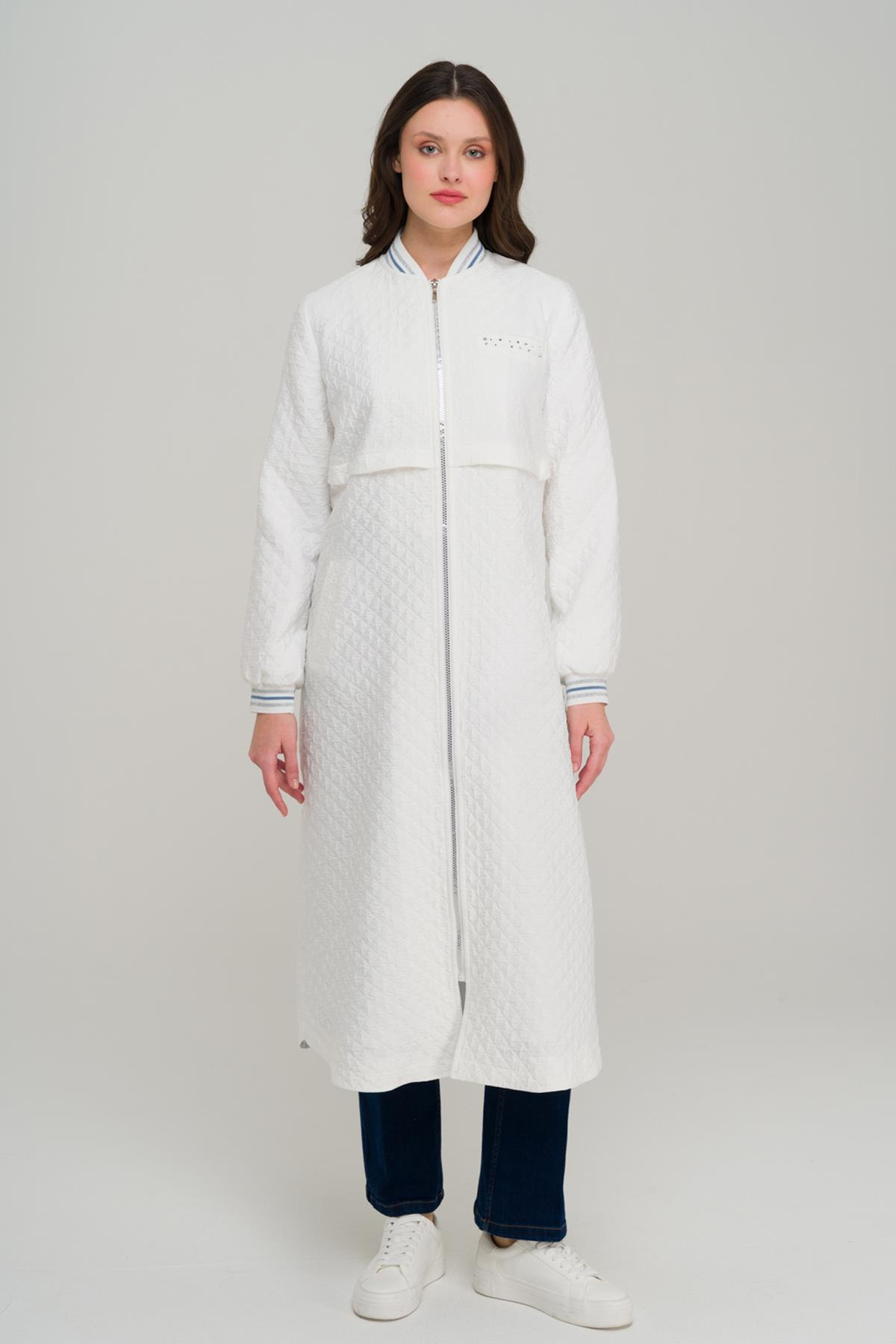 Quilted Patterned Lightweight Coat with Rib and Stone Details IVORY 6702